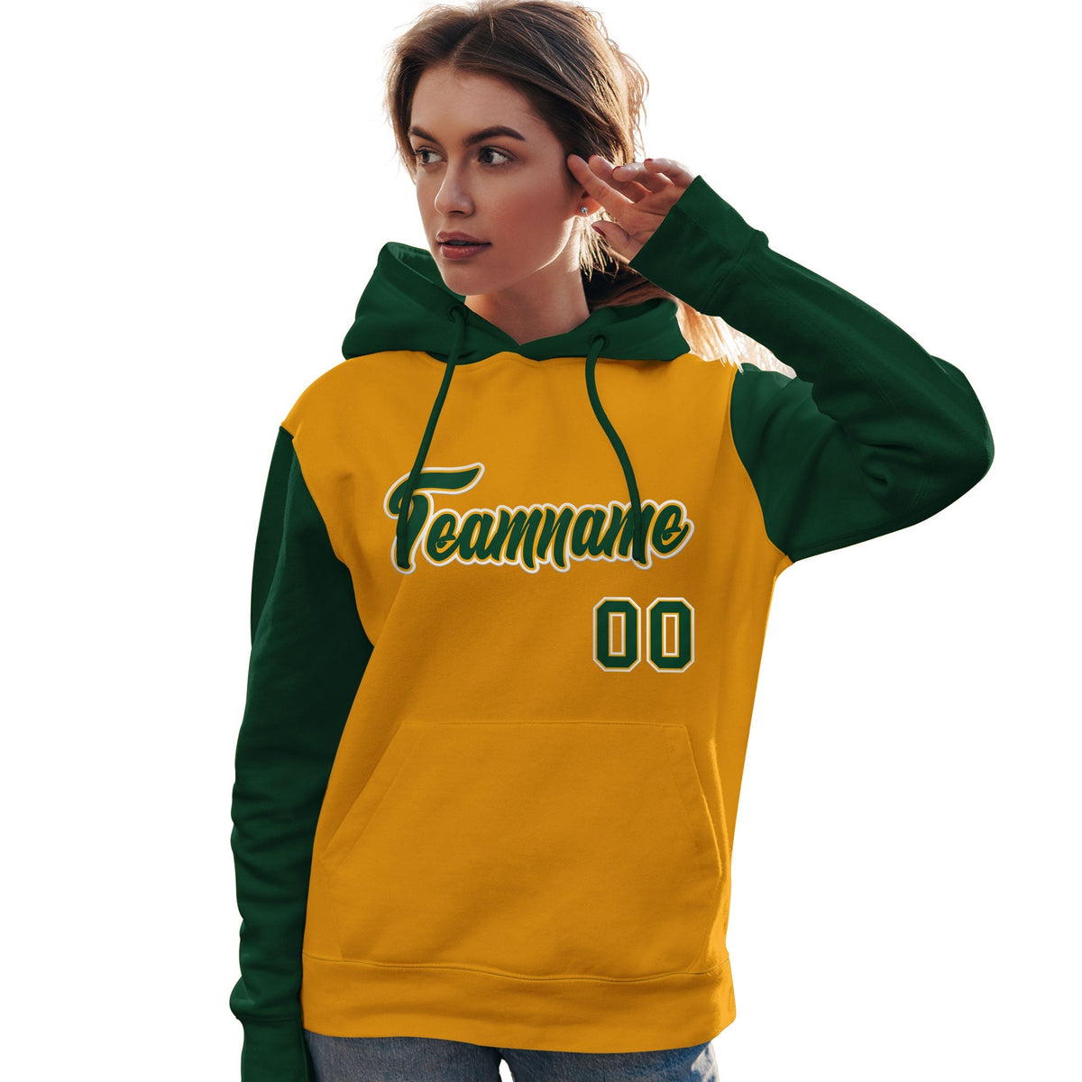 Custom Gold Green-White Raglan Sleeves Pullover Personalized Team Sweatshirt Hoodie| KXKSHOP