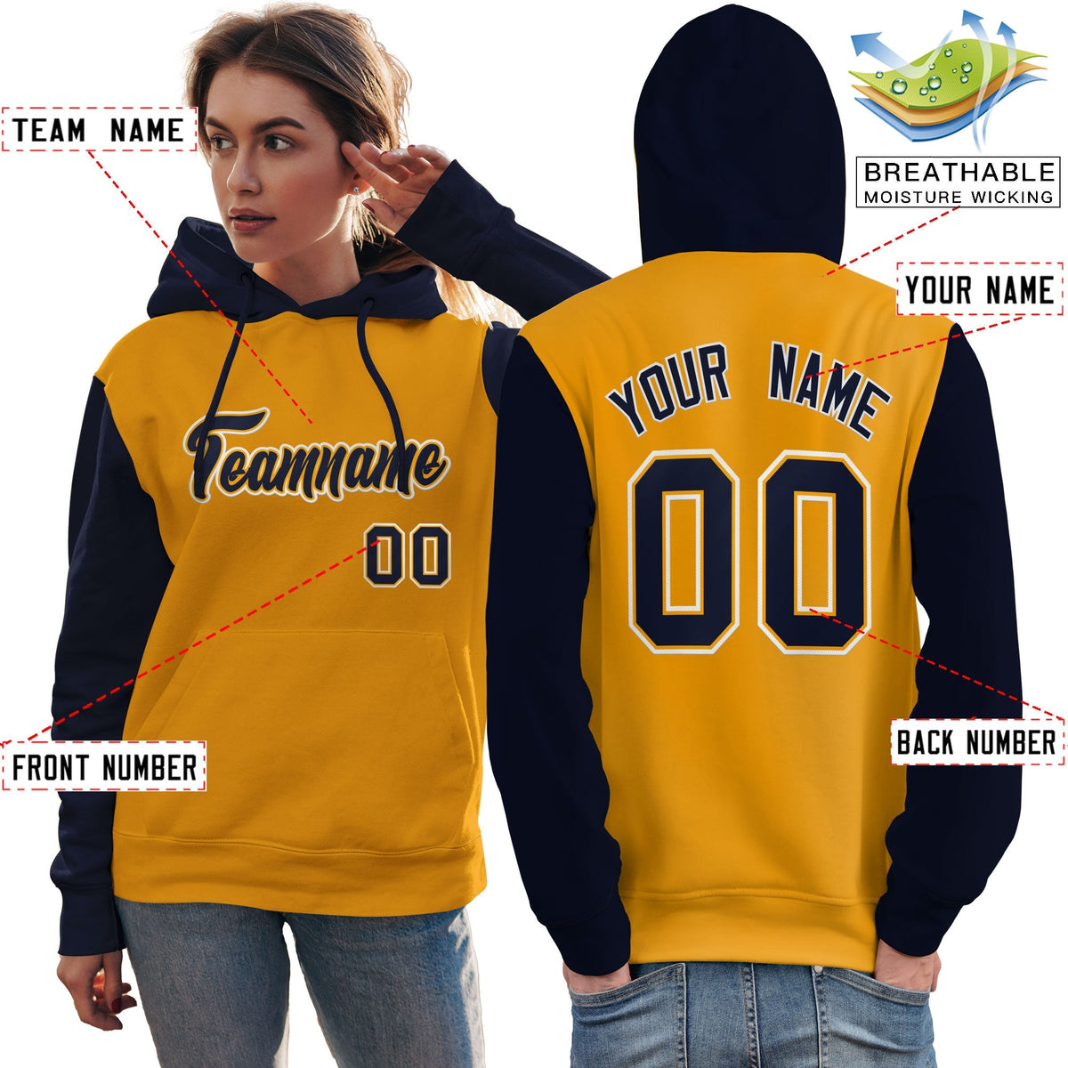 Custom Gold Navy-White Raglan Sleeves Pullover Personalized Team Sweatshirt Hoodie| KXKSHOP