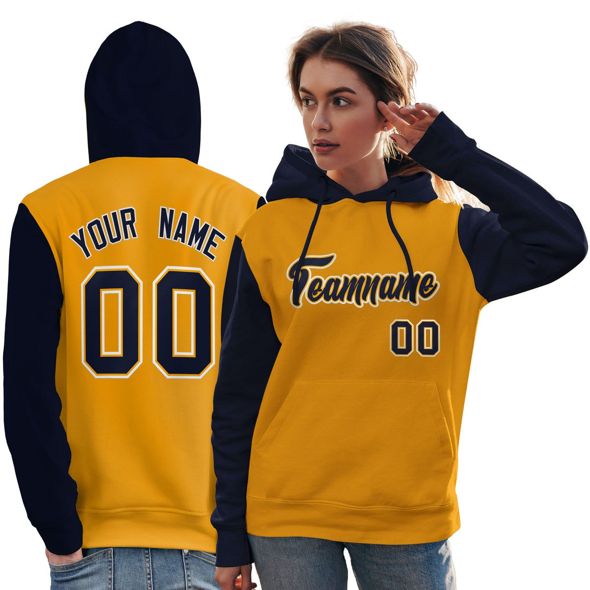 Custom Gold Navy-White Raglan Sleeves Pullover Personalized Team Sweatshirt Hoodie| KXKSHOP