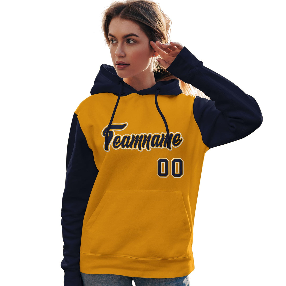 Custom Gold Navy-White Raglan Sleeves Pullover Personalized Team Sweatshirt Hoodie| KXKSHOP