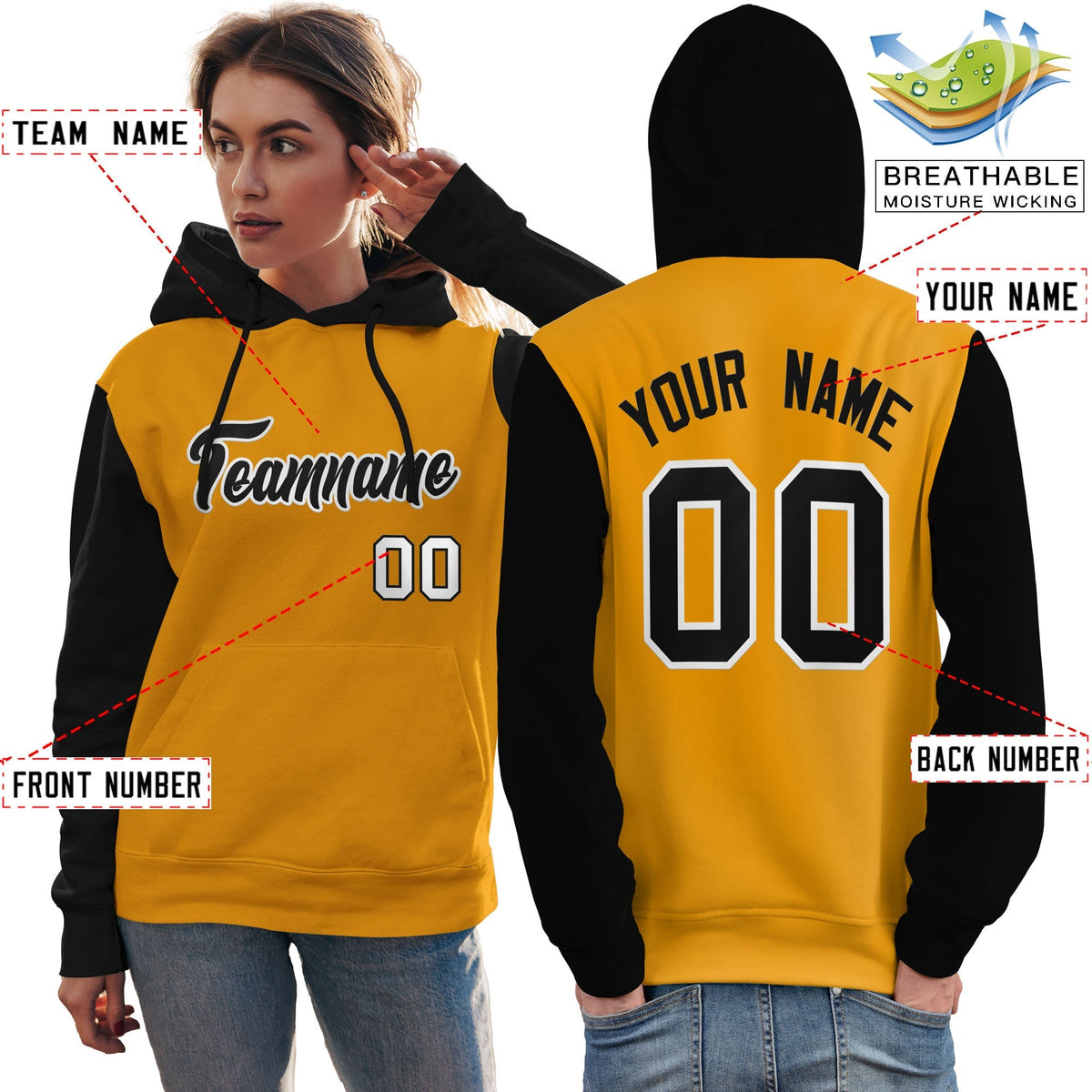 Custom Gold Black-White Raglan Sleeves Pullover Personalized Team Sweatshirt Hoodie| KXKSHOP