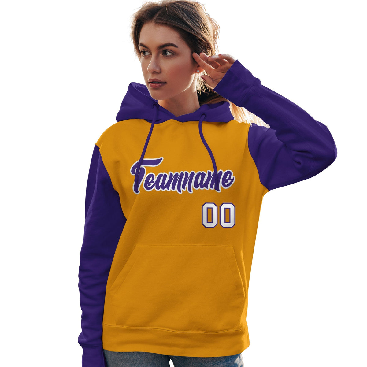 Custom Gold Purple-White Raglan Sleeves Pullover Personalized Team Sweatshirt Hoodie| KXKSHOP