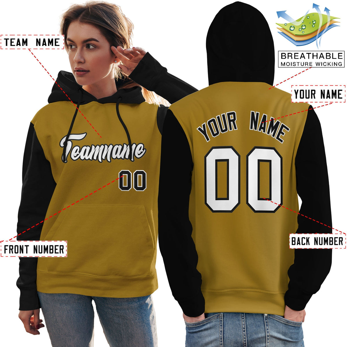 Custom Old Gold White-Black Raglan Sleeves Pullover Personalized Team Sweatshirt Hoodie| KXKSHOP