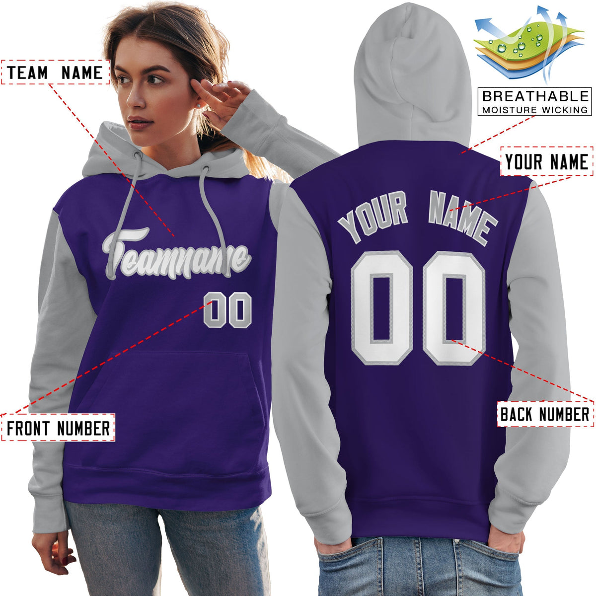 Custom Purple White-Gray Raglan Sleeves Pullover Personalized Team Sweatshirt Hoodie| KXKSHOP