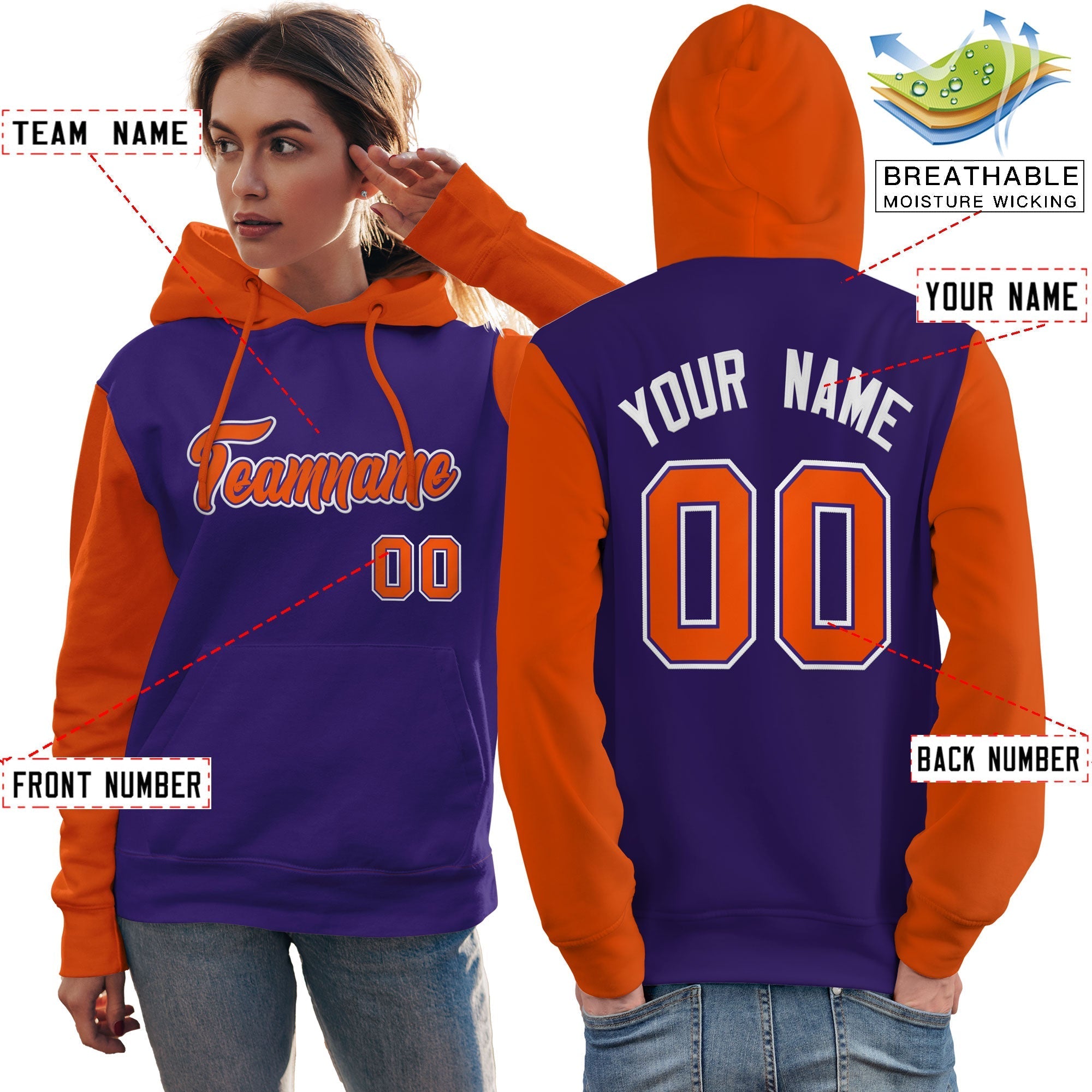 Custom Purple Orange-White Raglan Sleeves Pullover Personalized Team Sweatshirt Hoodie| KXKSHOP