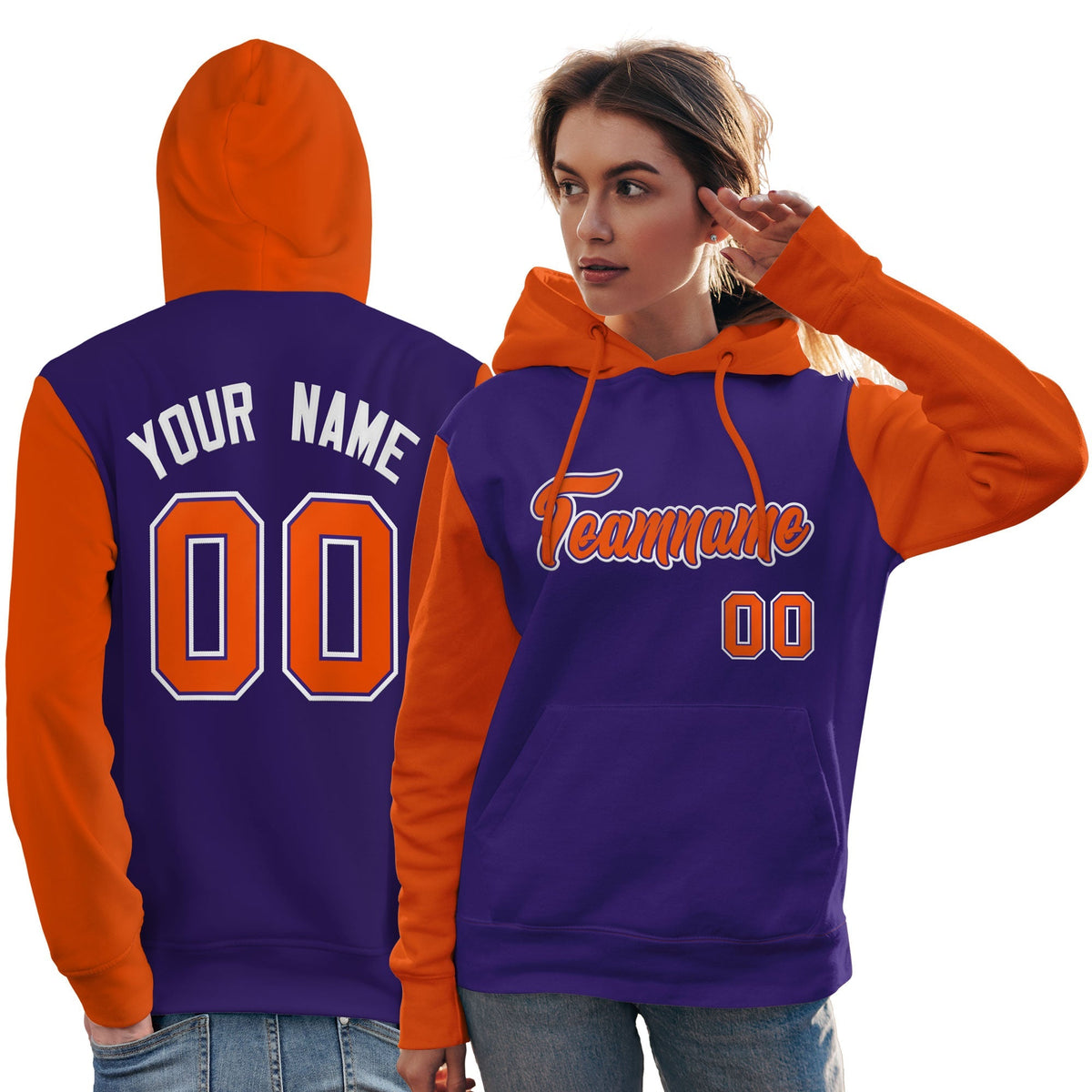 Custom Purple Orange-White Raglan Sleeves Pullover Personalized Team Sweatshirt Hoodie| KXKSHOP
