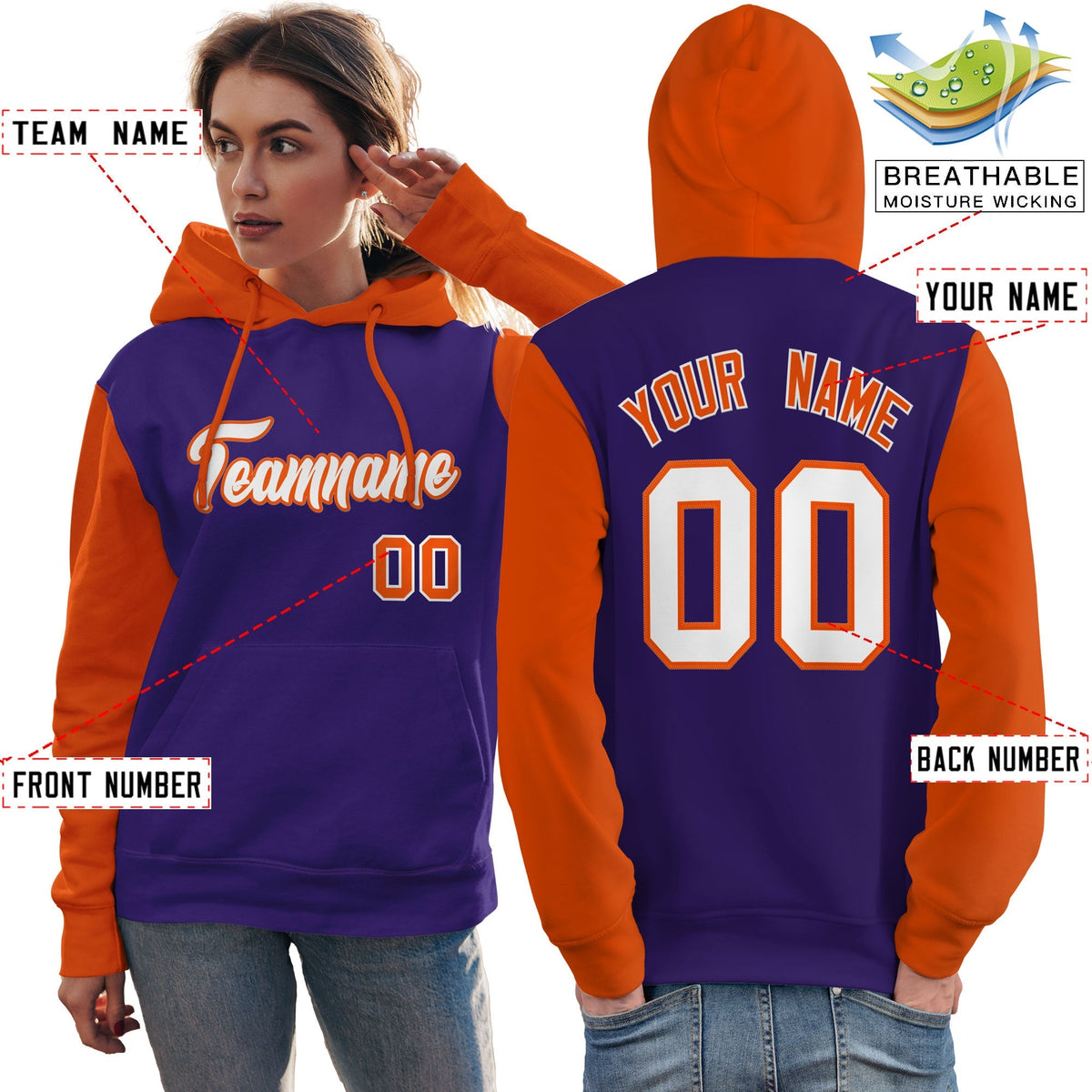 Custom Purple White-Orange Raglan Sleeves Pullover Personalized Team Sweatshirt Hoodie| KXKSHOP