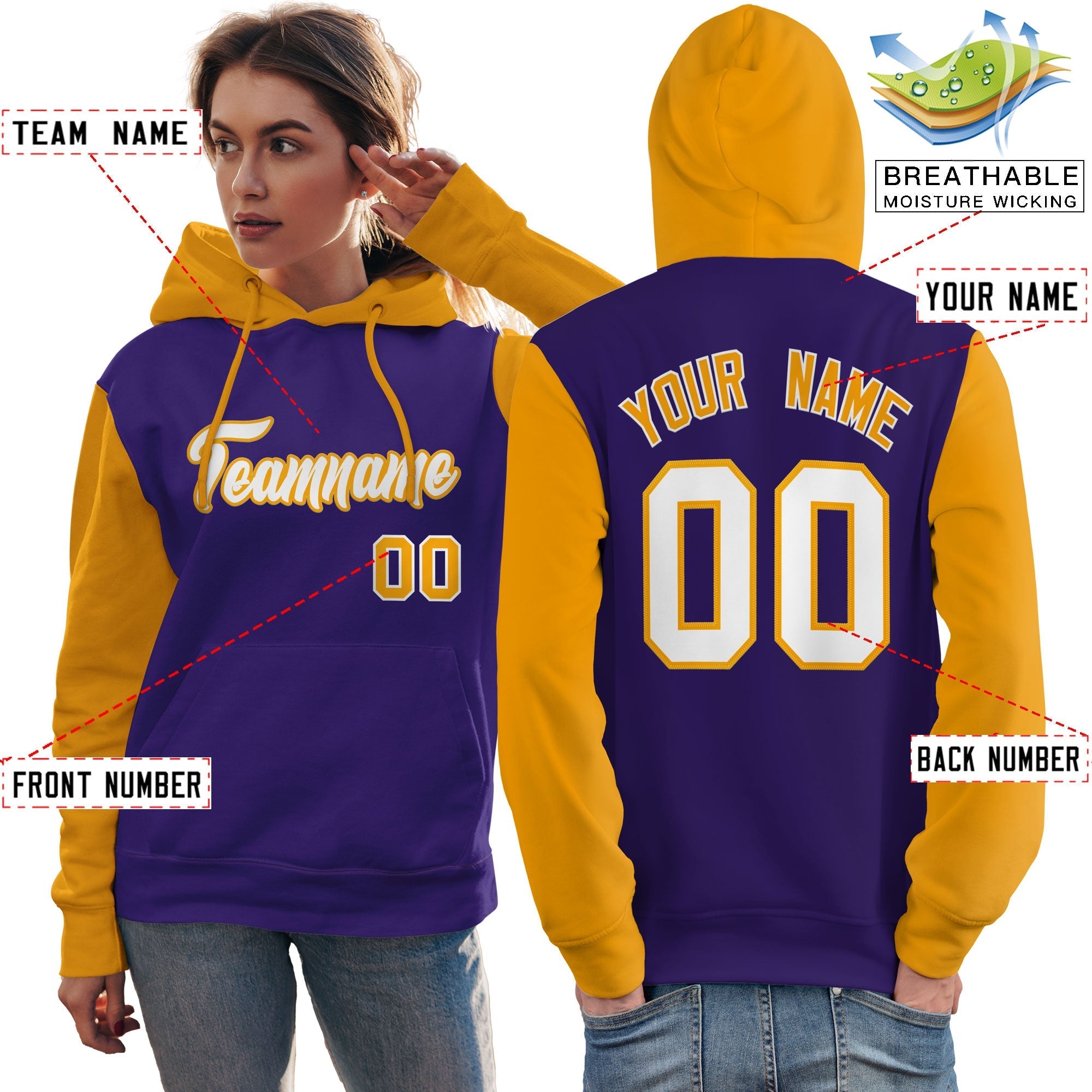 Custom Purple White-Gold Raglan Sleeves Pullover Personalized Team Sweatshirt Hoodie| KXKSHOP