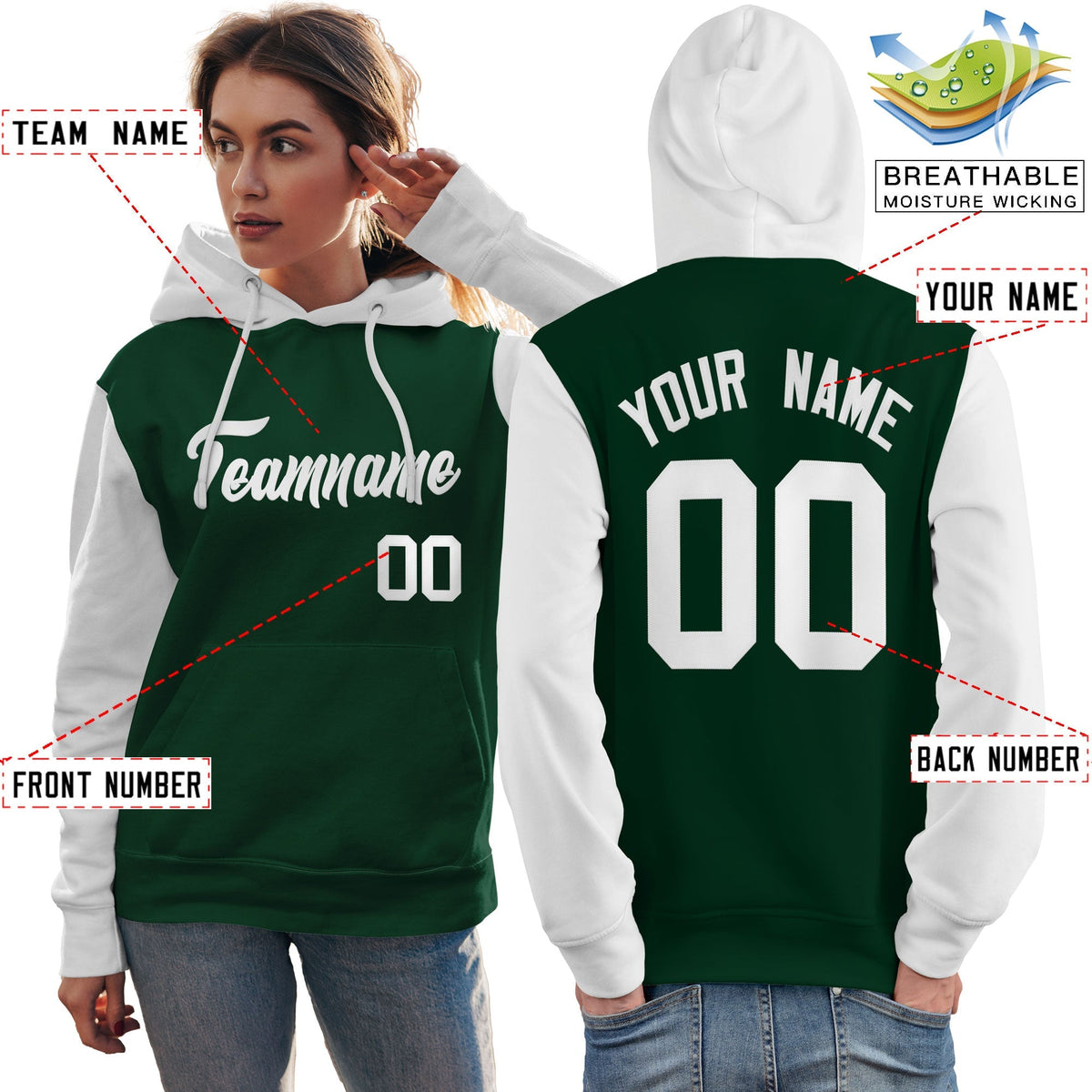 Custom Green White Raglan Sleeves Pullover Personalized Team Sweatshirt Hoodie| KXKSHOP