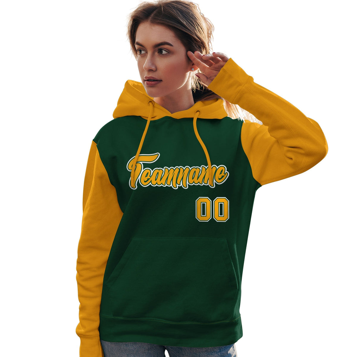 Custom Green Gold-White Raglan Sleeves Pullover Personalized Team Sweatshirt Hoodie| KXKSHOP