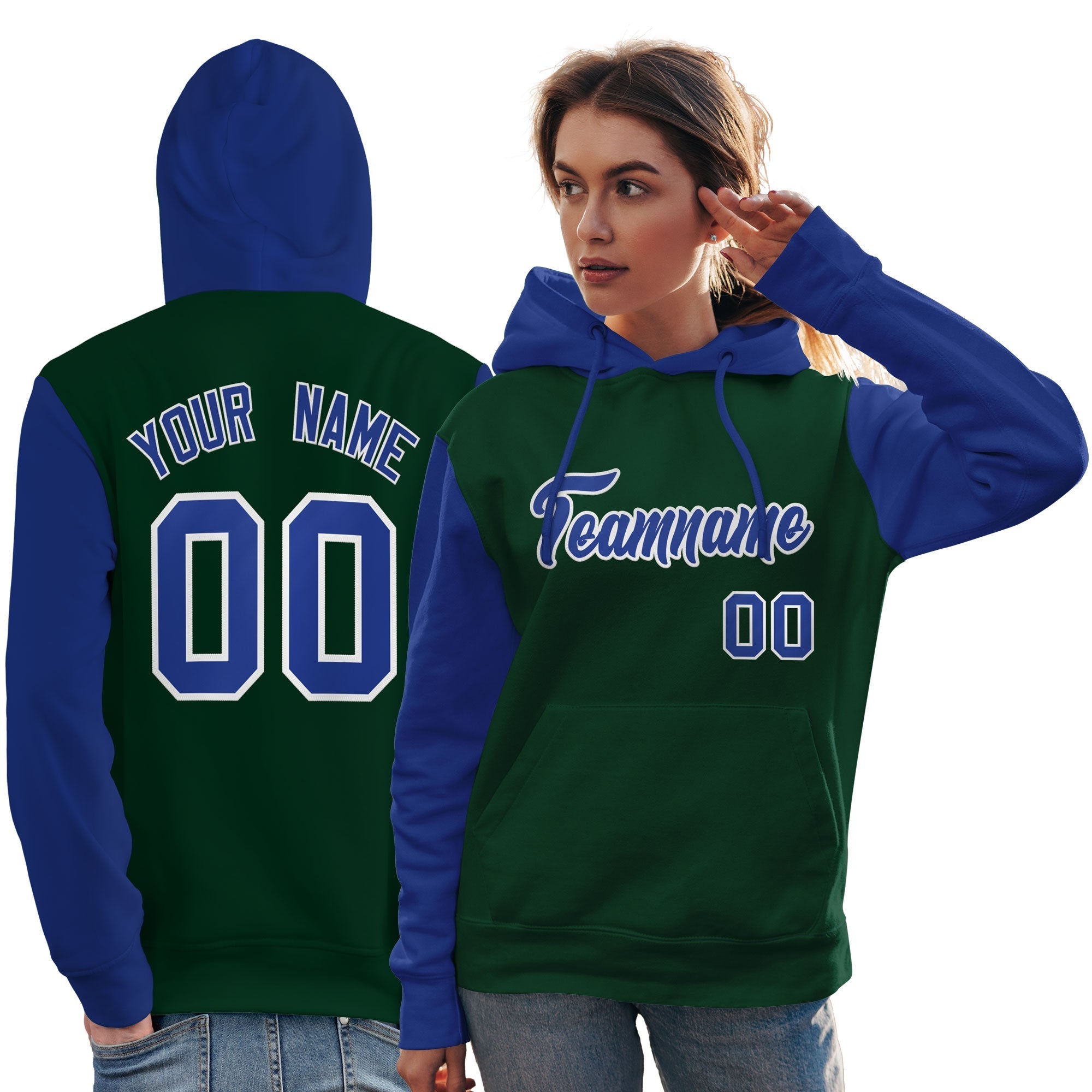 Custom Green Royal-White Raglan Sleeves Pullover Personalized Team Sweatshirt Hoodie| KXKSHOP