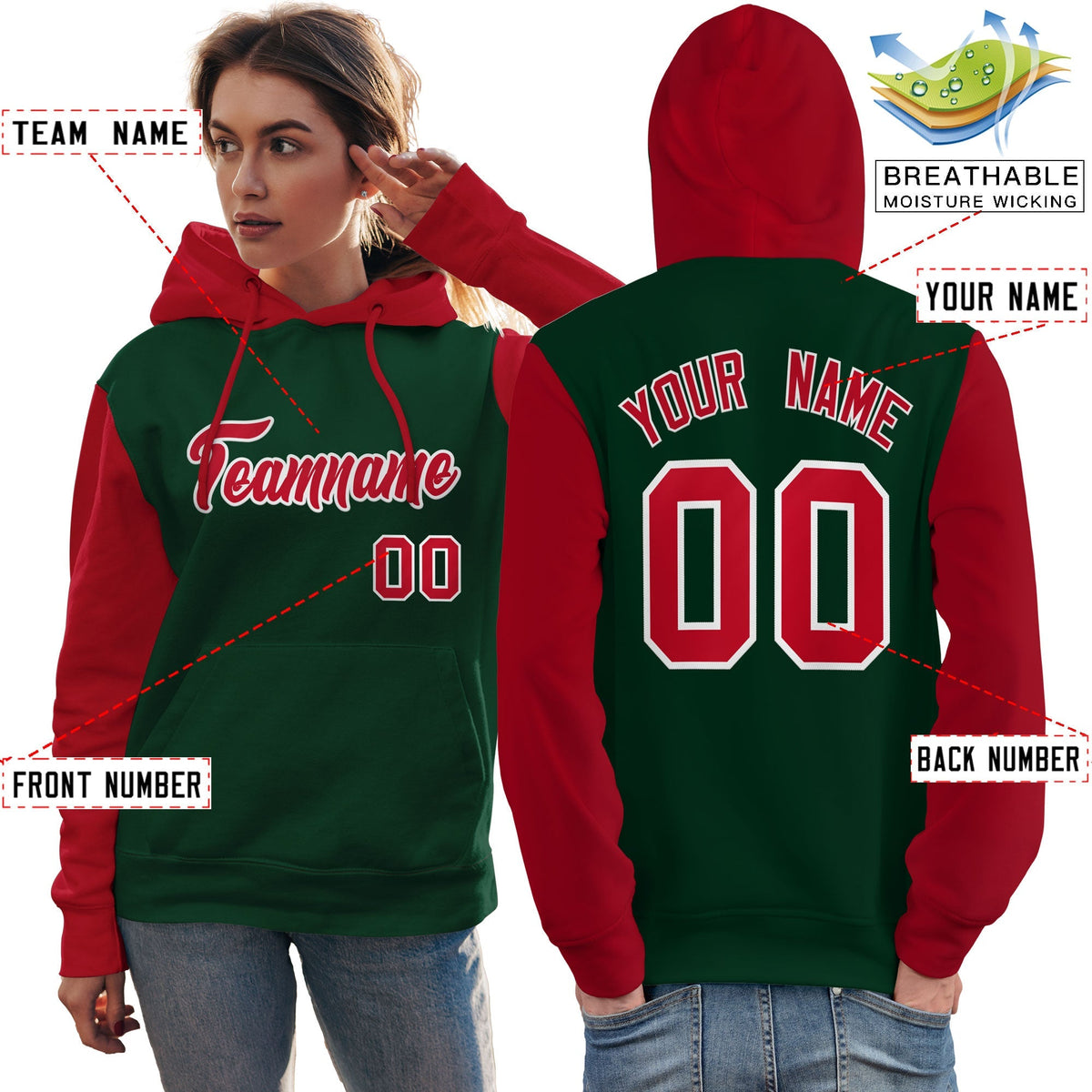 Custom Green Red-White Raglan Sleeves Pullover Personalized Team Sweatshirt Hoodie| KXKSHOP
