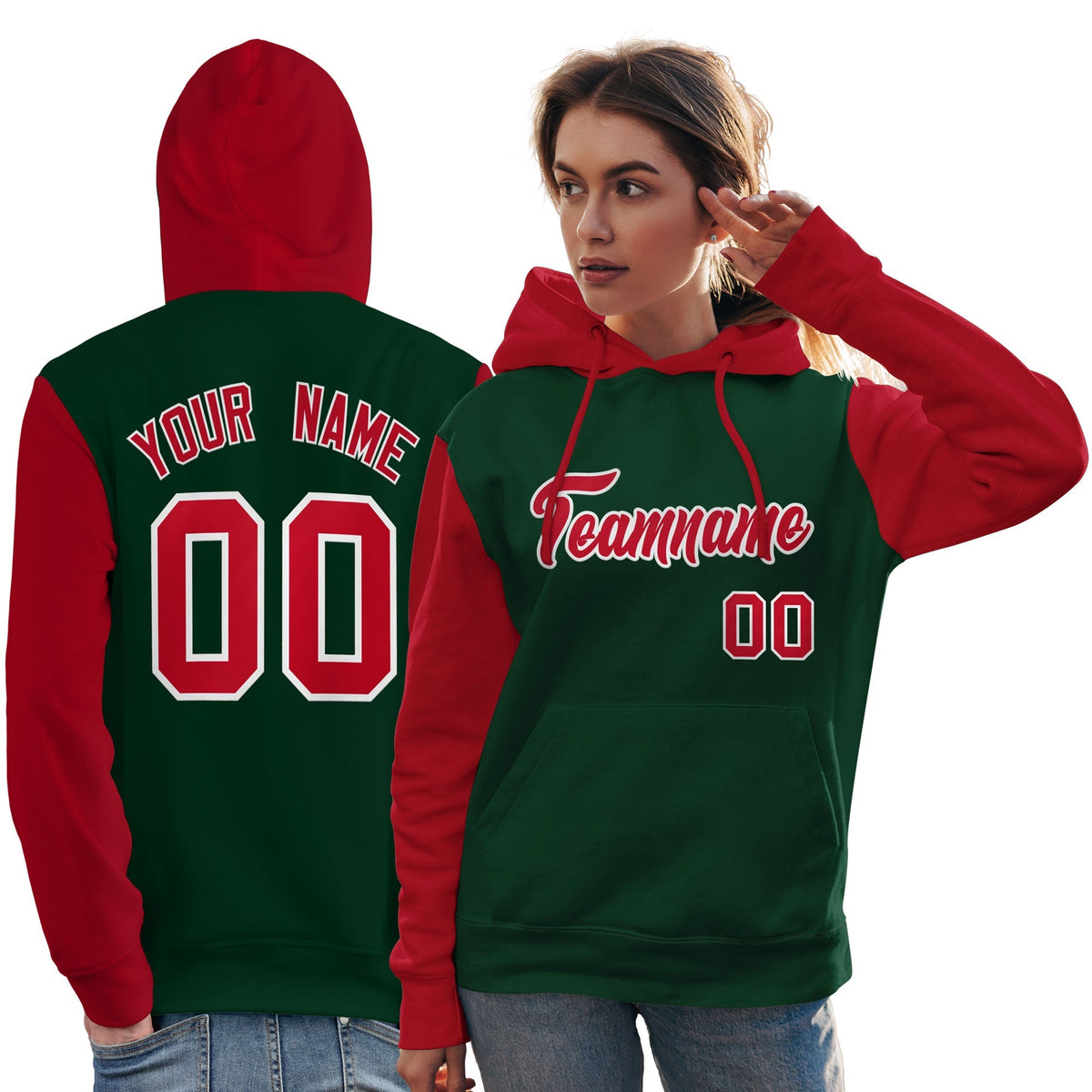 Custom Green Red-White Raglan Sleeves Pullover Personalized Team Sweatshirt Hoodie| KXKSHOP