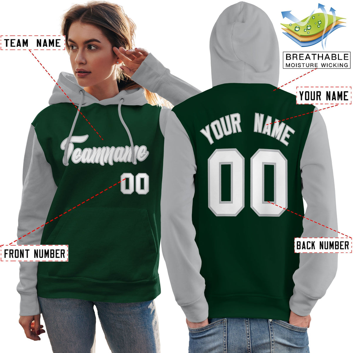 Custom Green White-Gray Raglan Sleeves Pullover Personalized Team Sweatshirt Hoodie| KXKSHOP