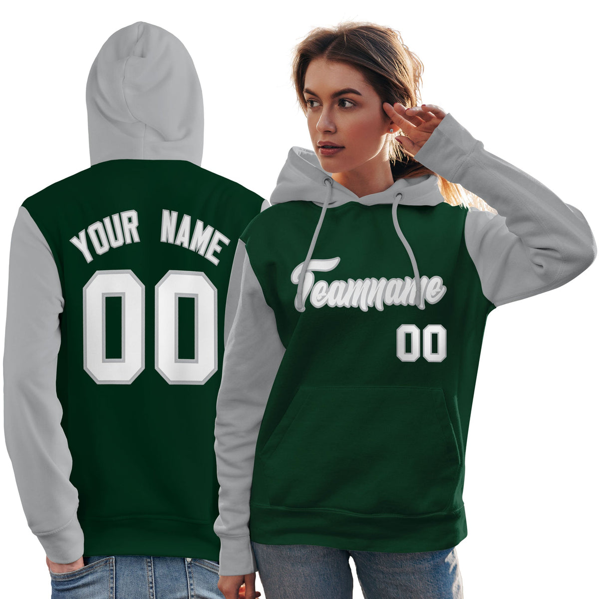 Custom Green White-Gray Raglan Sleeves Pullover Personalized Team Sweatshirt Hoodie| KXKSHOP