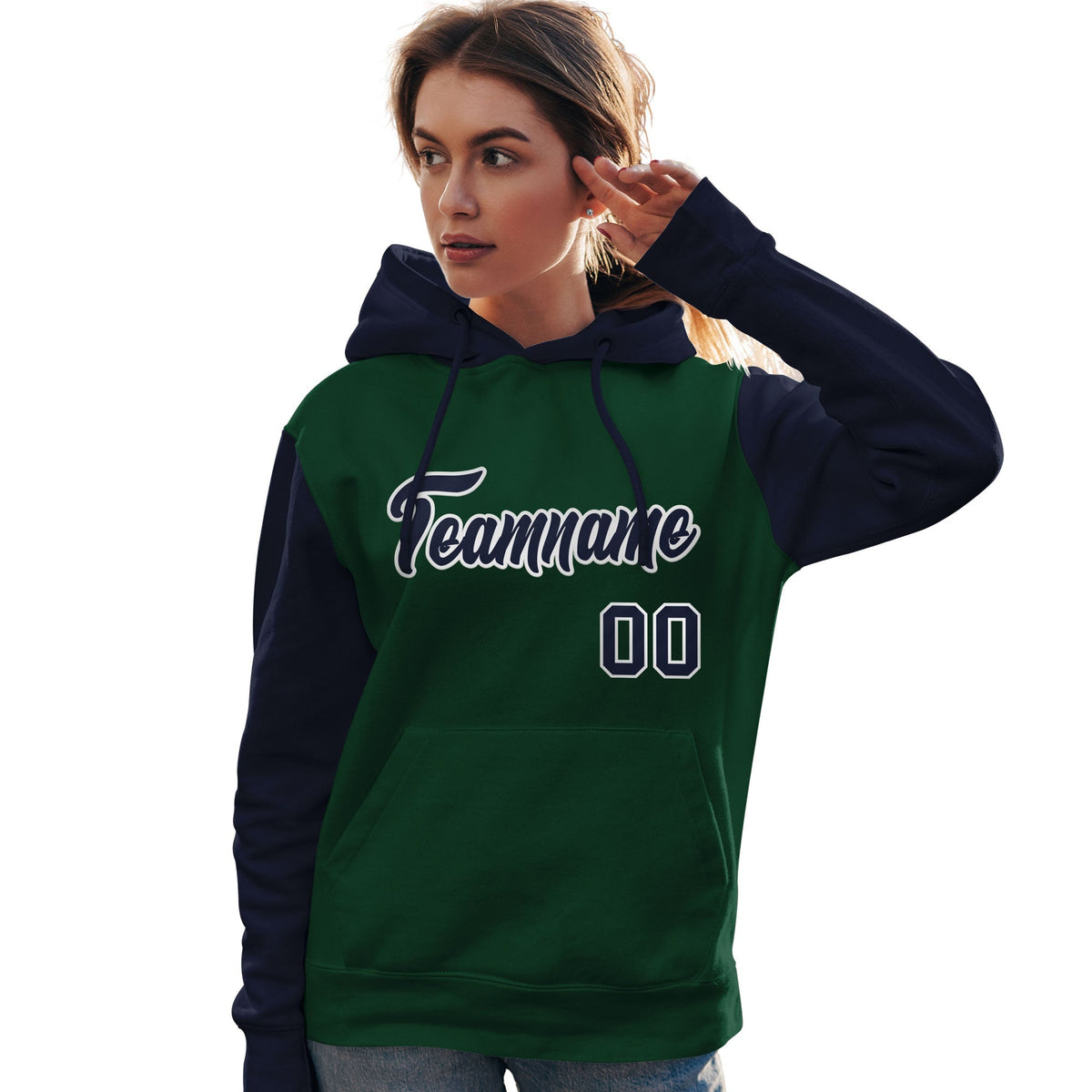 Custom Green Navy-White Raglan Sleeves Pullover Personalized Team Sweatshirt Hoodie| KXKSHOP