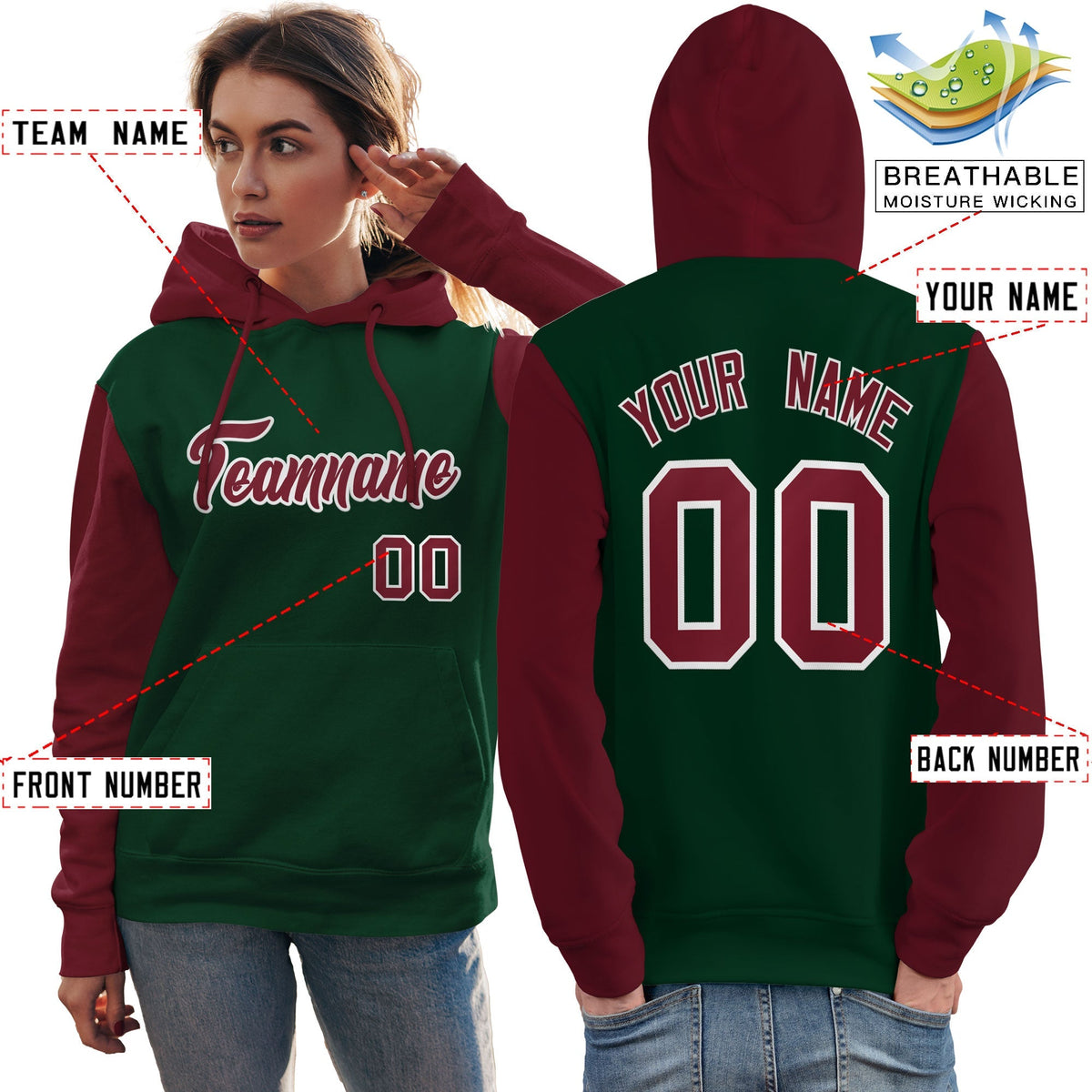 Custom Green Crimson-White Raglan Sleeves Pullover Personalized Team Sweatshirt Hoodie| KXKSHOP