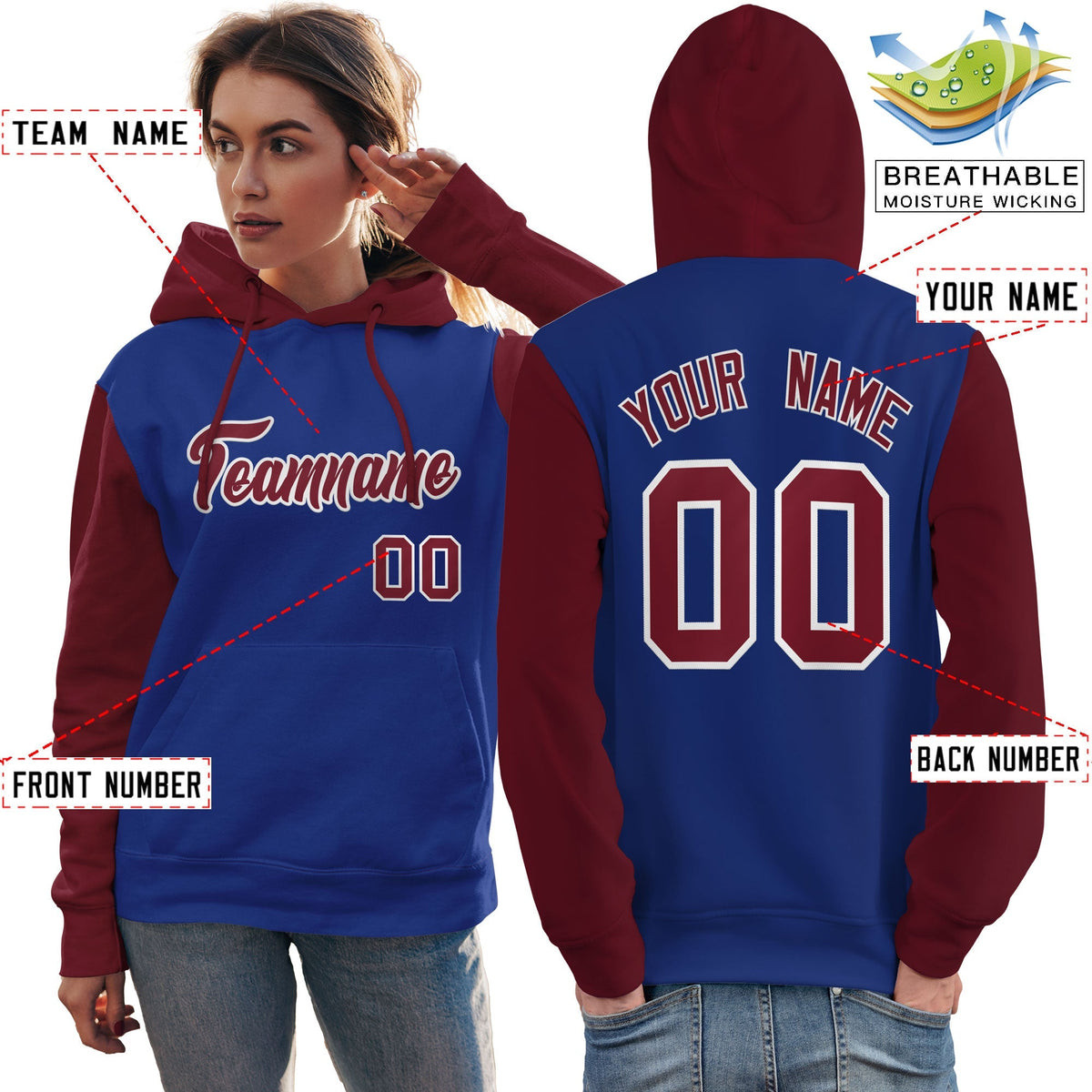 Custom Royal Crimson-White Raglan Sleeves Pullover Personalized Team Sweatshirt Hoodie| KXKSHOP