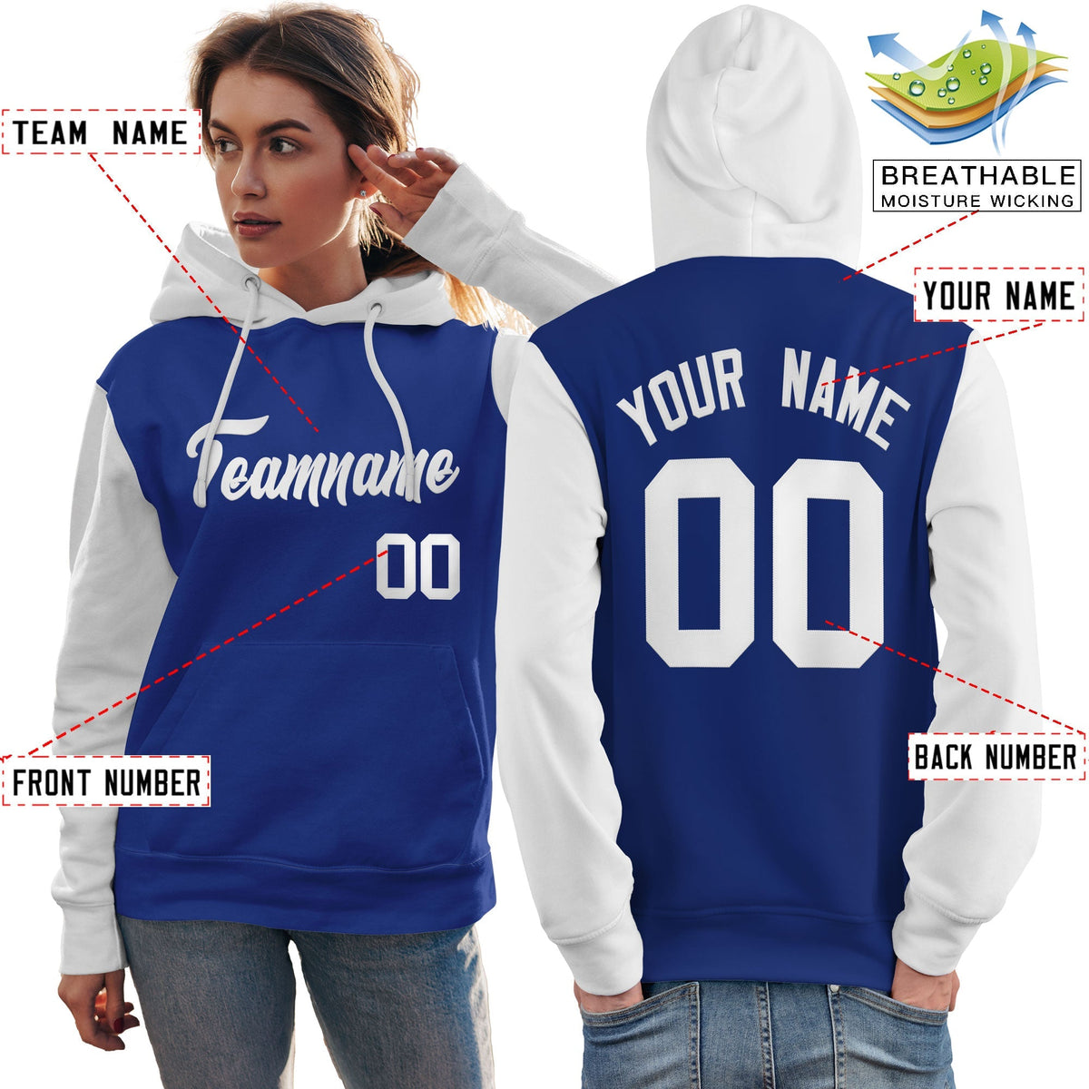 Custom Royal White Raglan Sleeves Pullover Personalized Team Sweatshirt Hoodie| KXKSHOP