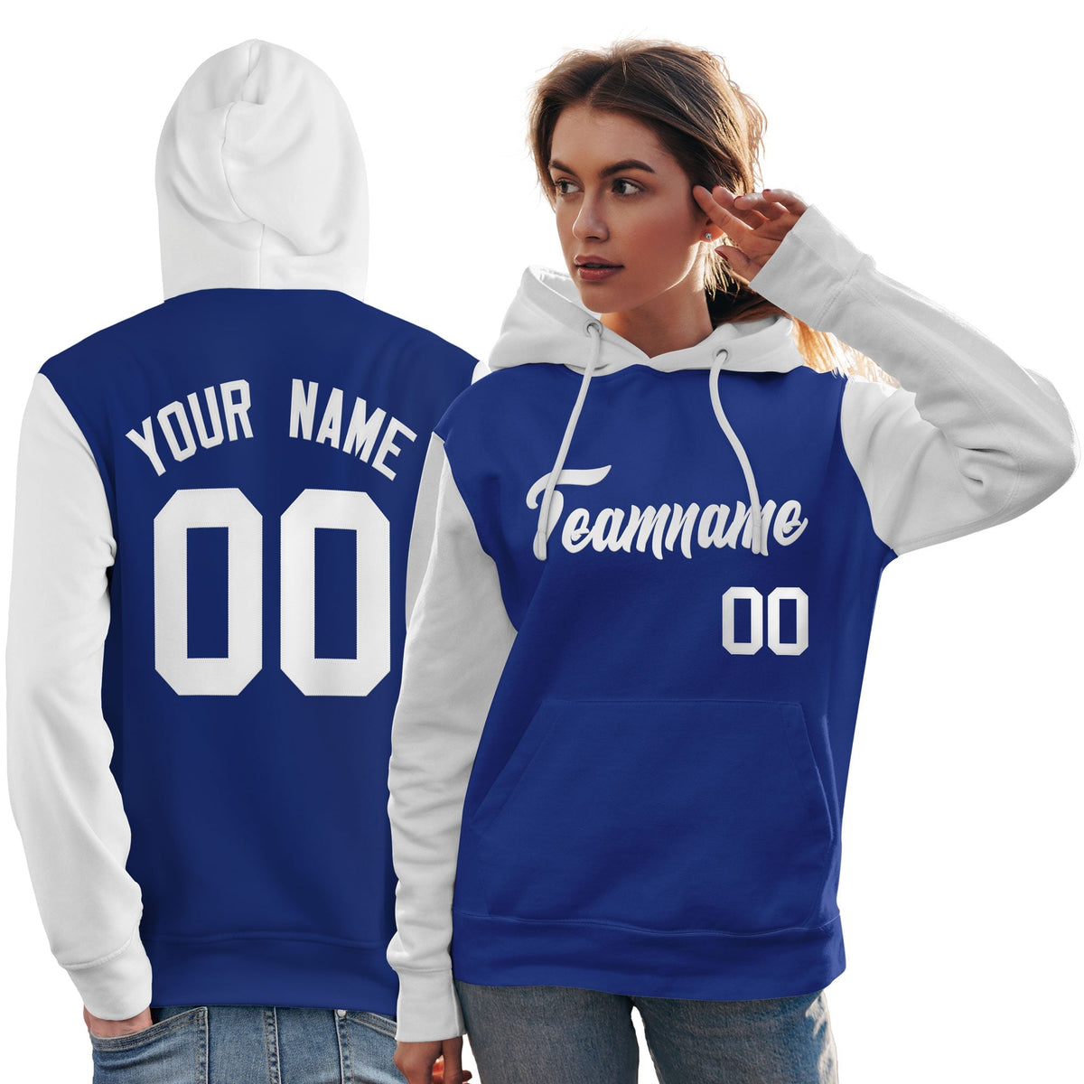Custom Royal White Raglan Sleeves Pullover Personalized Team Sweatshirt Hoodie| KXKSHOP