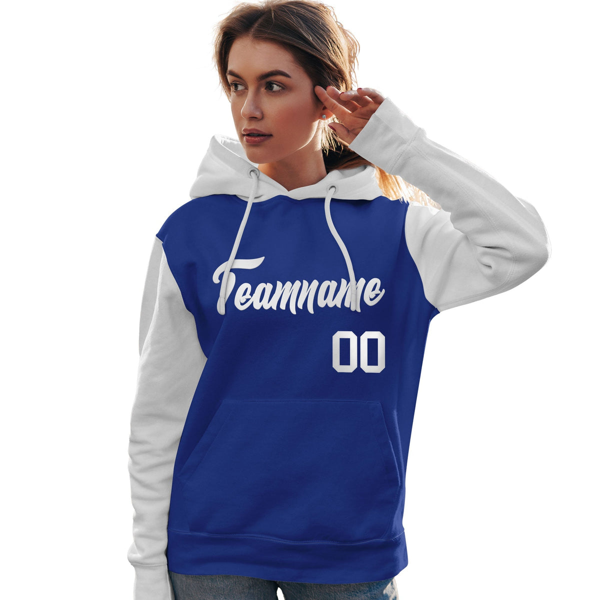 Custom Royal White Raglan Sleeves Pullover Personalized Team Sweatshirt Hoodie| KXKSHOP