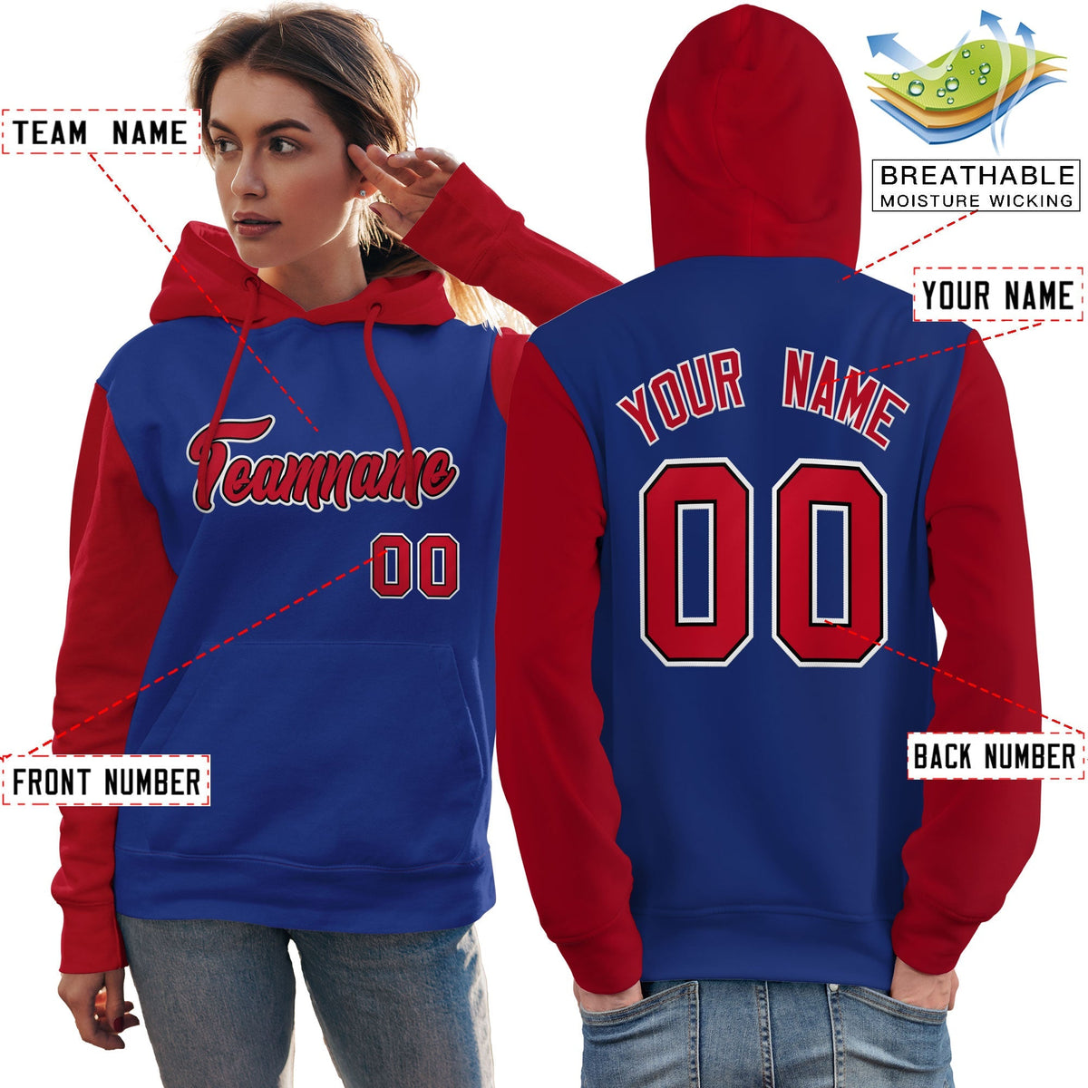 Custom Royal Red-White Raglan Sleeves Pullover Personalized Team Sweatshirt Hoodie| KXKSHOP