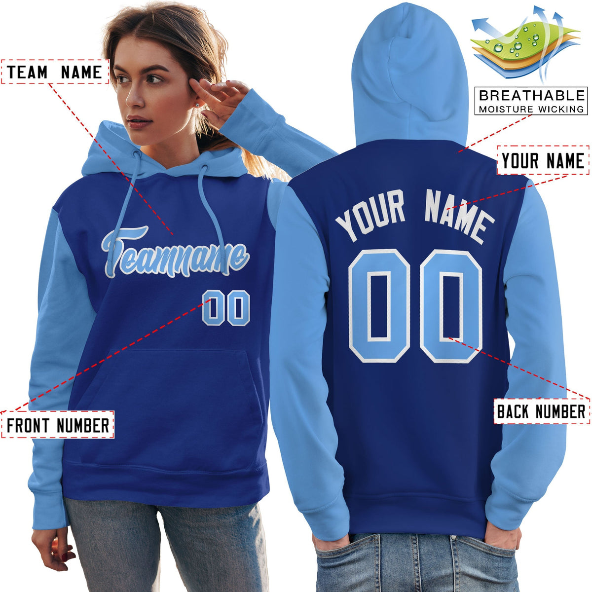 Custom Royal Light Blue-White Raglan Sleeves Pullover Personalized Team Sweatshirt Hoodie| KXKSHOP