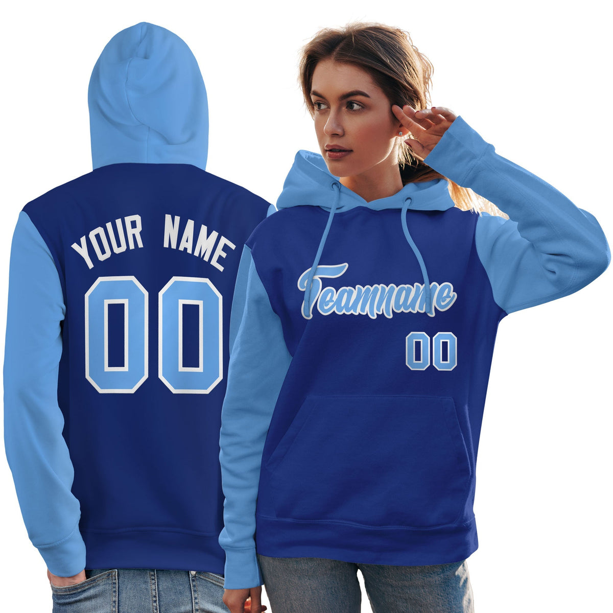 Custom Royal Light Blue-White Raglan Sleeves Pullover Personalized Team Sweatshirt Hoodie| KXKSHOP