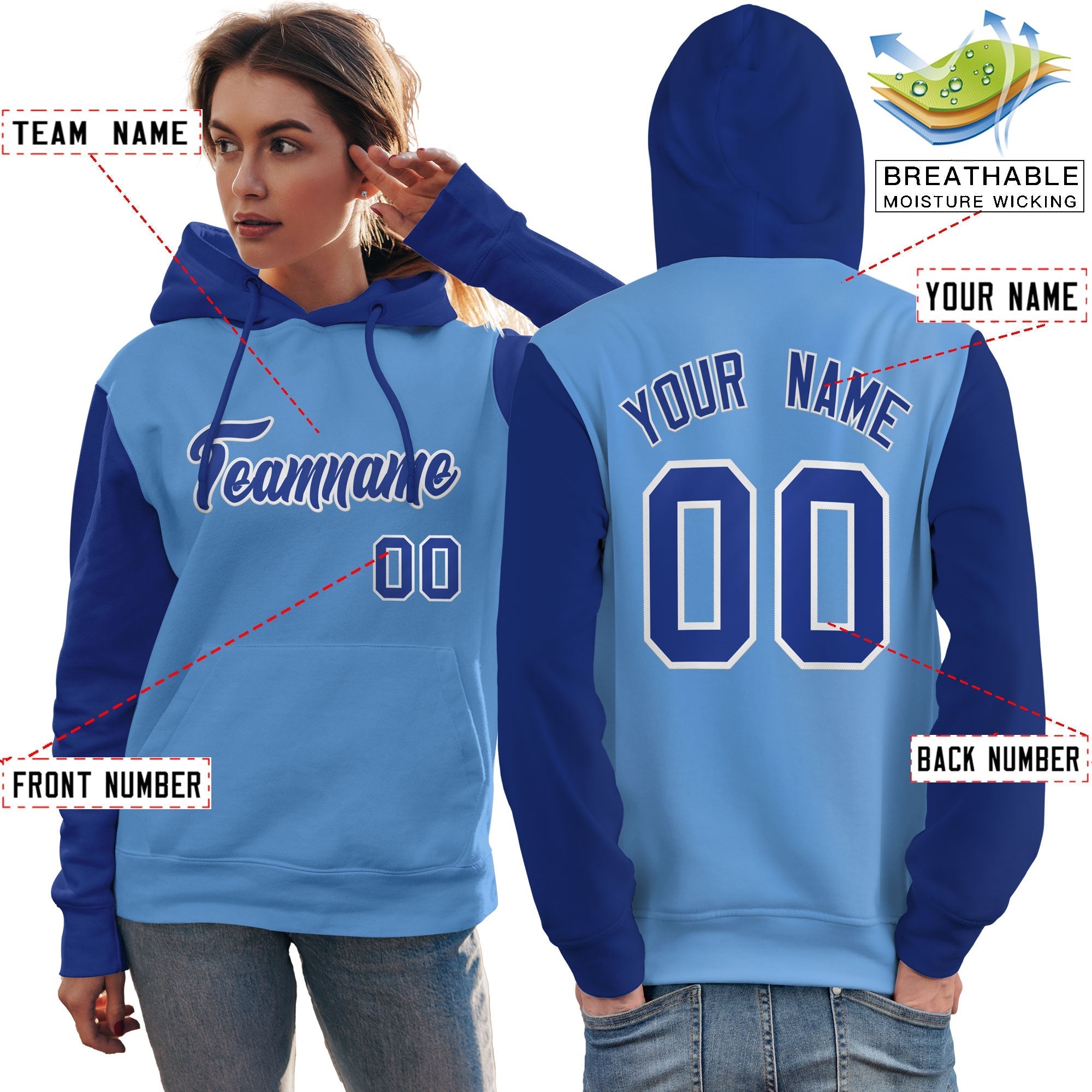 Custom Light Blue Royal-White Raglan Sleeves Pullover Personalized Team Sweatshirt Hoodie| KXKSHOP