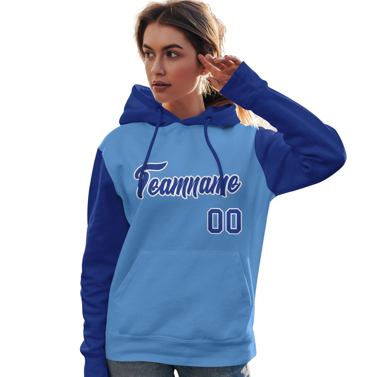 Custom Light Blue Royal-White Raglan Sleeves Pullover Personalized Team Sweatshirt Hoodie| KXKSHOP