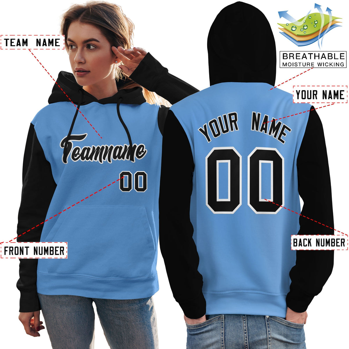 Custom Light Blue Black-White Raglan Sleeves Pullover Personalized Team Sweatshirt Hoodie| KXKSHOP