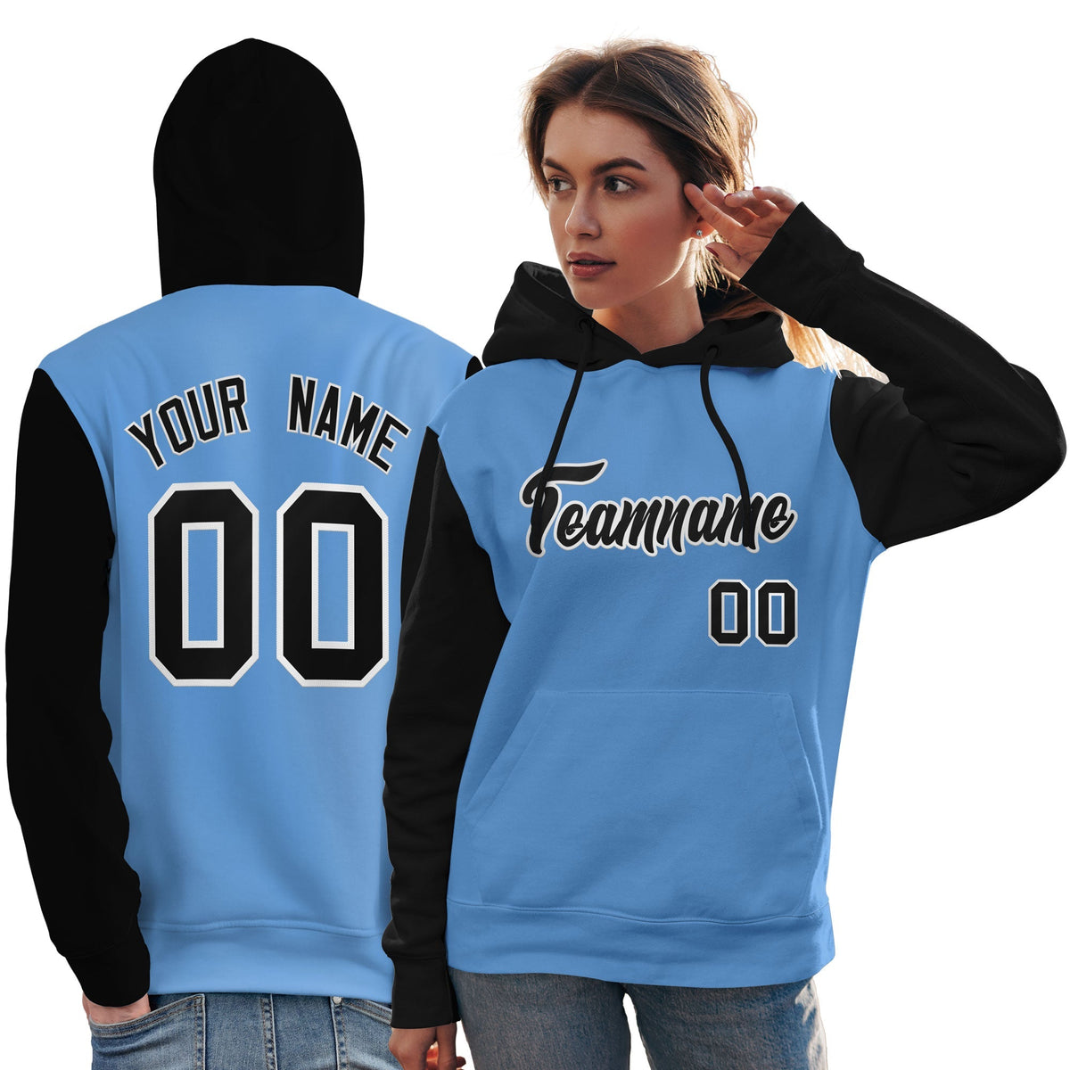 Custom Light Blue Black-White Raglan Sleeves Pullover Personalized Team Sweatshirt Hoodie| KXKSHOP
