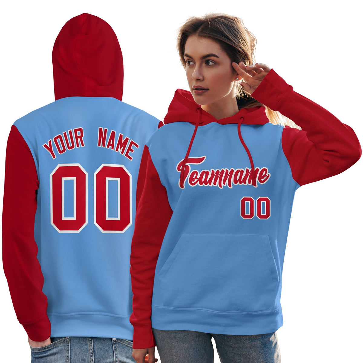 Custom Light Blue Red-White Raglan Sleeves Pullover Personalized Team Sweatshirt Hoodie| KXKSHOP