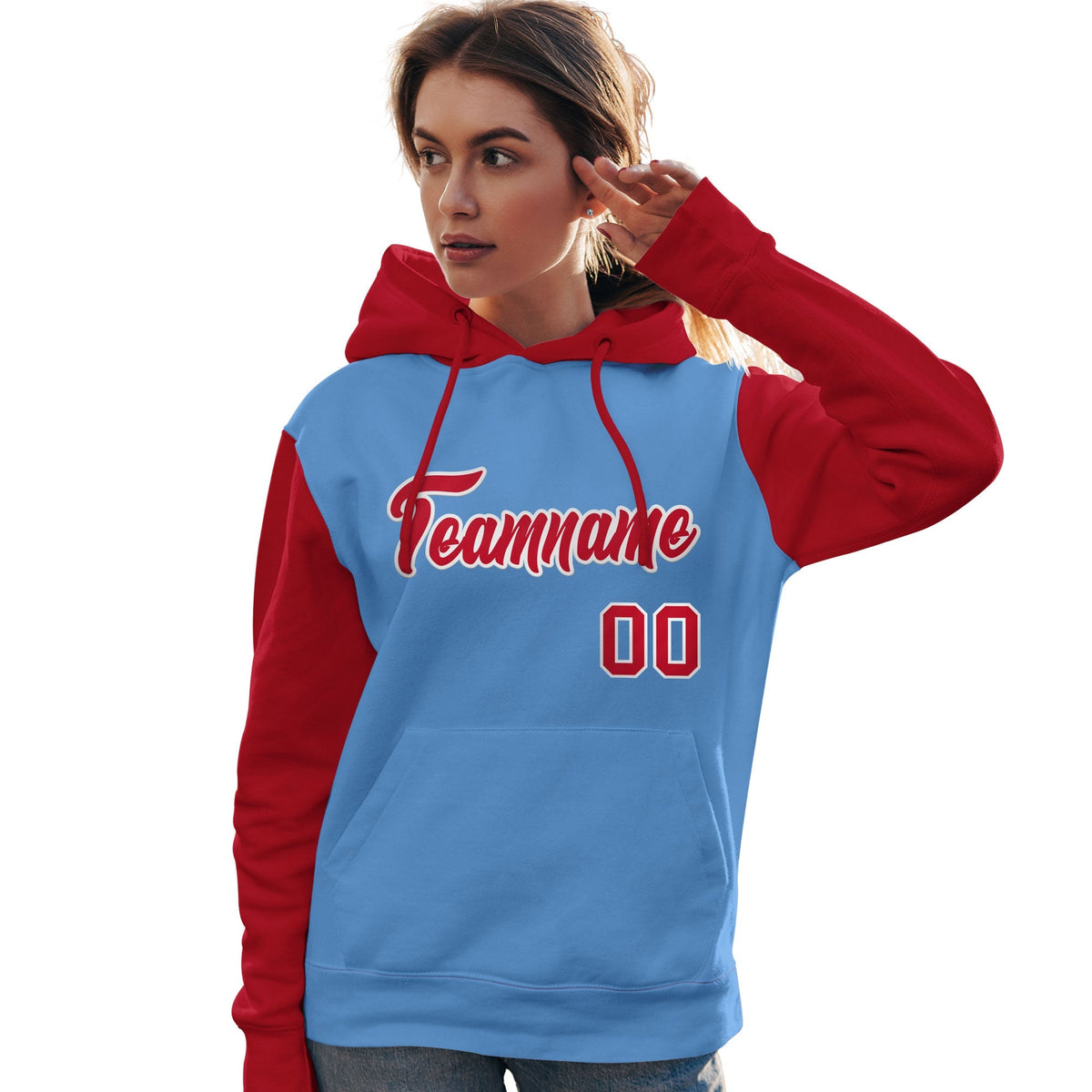 Custom Light Blue Red-White Raglan Sleeves Pullover Personalized Team Sweatshirt Hoodie| KXKSHOP