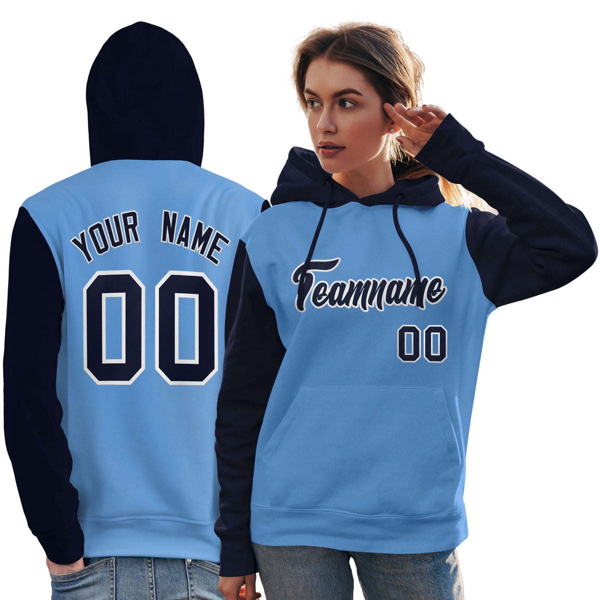 Custom Light Blue Navy-White Raglan Sleeves Pullover Personalized Team Sweatshirt Hoodie| KXKSHOP
