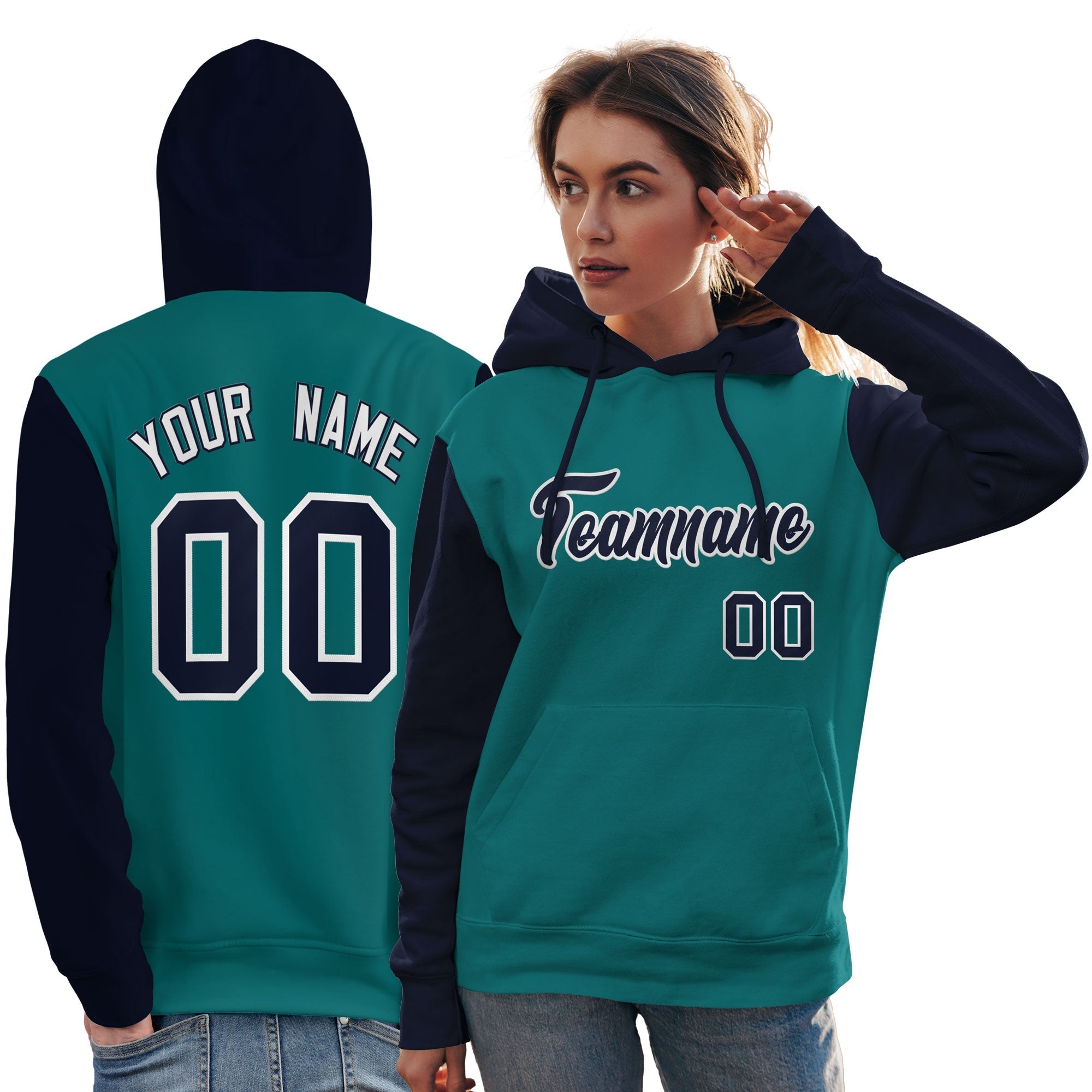 Custom Aqua Navy-White Raglan Sleeves Pullover Personalized Team Sweatshirt Hoodie| KXKSHOP