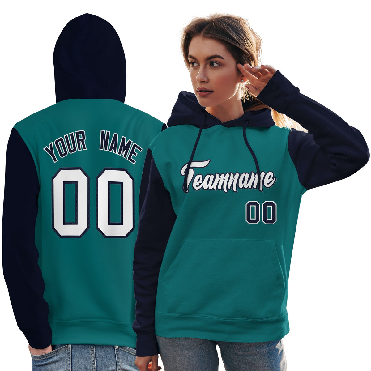 Custom Aqua White-Navy Raglan Sleeves Pullover Personalized Team Sweatshirt Hoodie| KXKSHOP