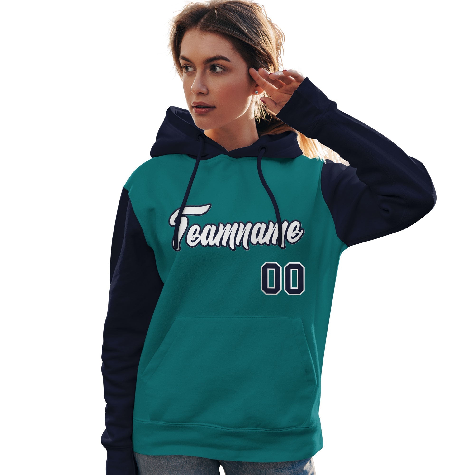 Custom Aqua White-Navy Raglan Sleeves Pullover Personalized Team Sweatshirt Hoodie| KXKSHOP