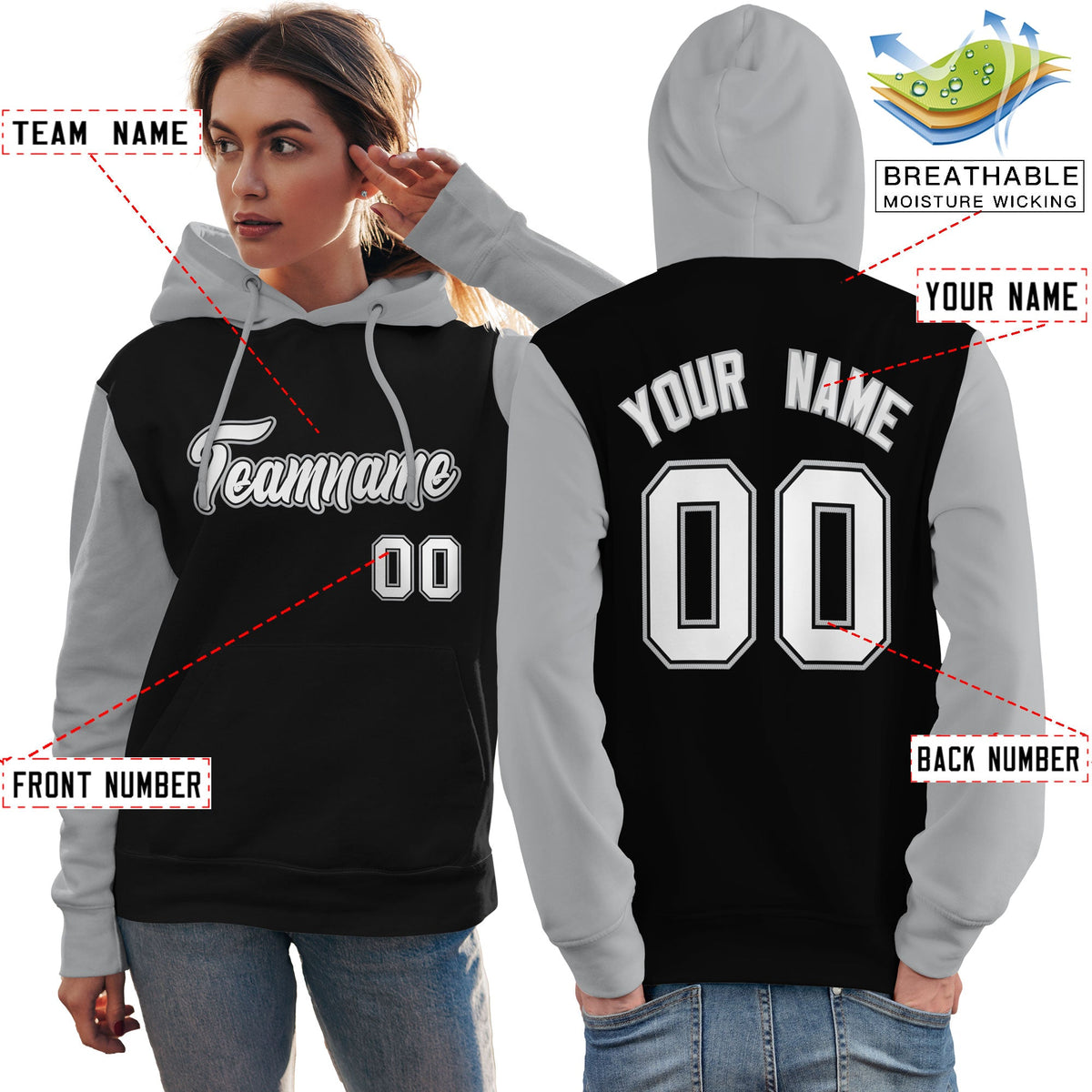 Custom Black White-Gray Raglan Sleeves Pullover Personalized Team Sweatshirt Hoodie| KXKSHOP