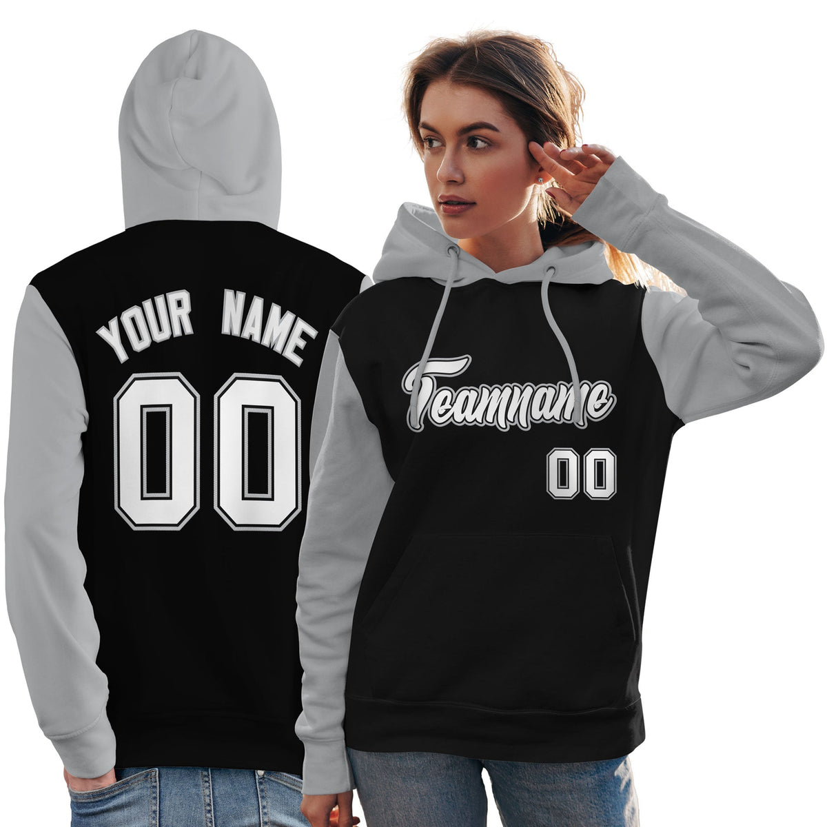 Custom Black White-Gray Raglan Sleeves Pullover Personalized Team Sweatshirt Hoodie| KXKSHOP