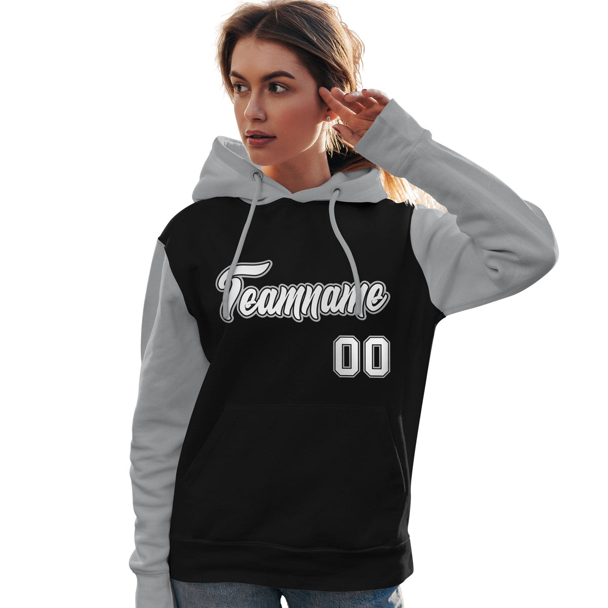 Custom Black White-Gray Raglan Sleeves Pullover Personalized Team Sweatshirt Hoodie| KXKSHOP