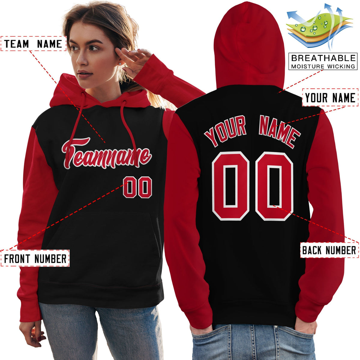 Custom Black Red-White Raglan Sleeves Pullover Personalized Team Sweatshirt Hoodie| KXKSHOP