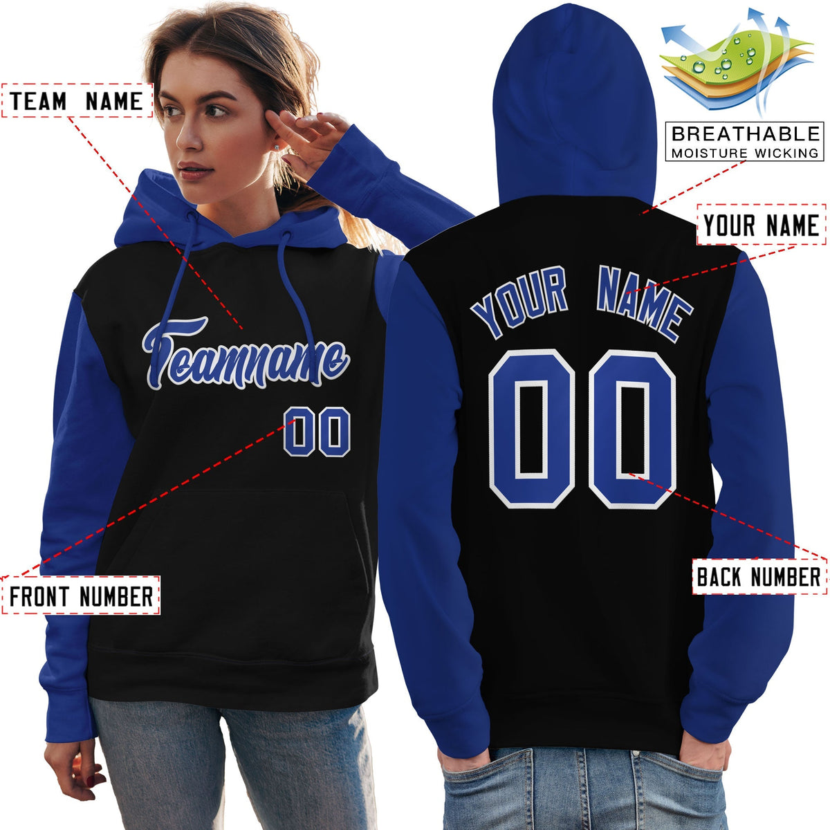 Custom Black Royal-White Raglan Sleeves Pullover Personalized Team Sweatshirt Hoodie| KXKSHOP