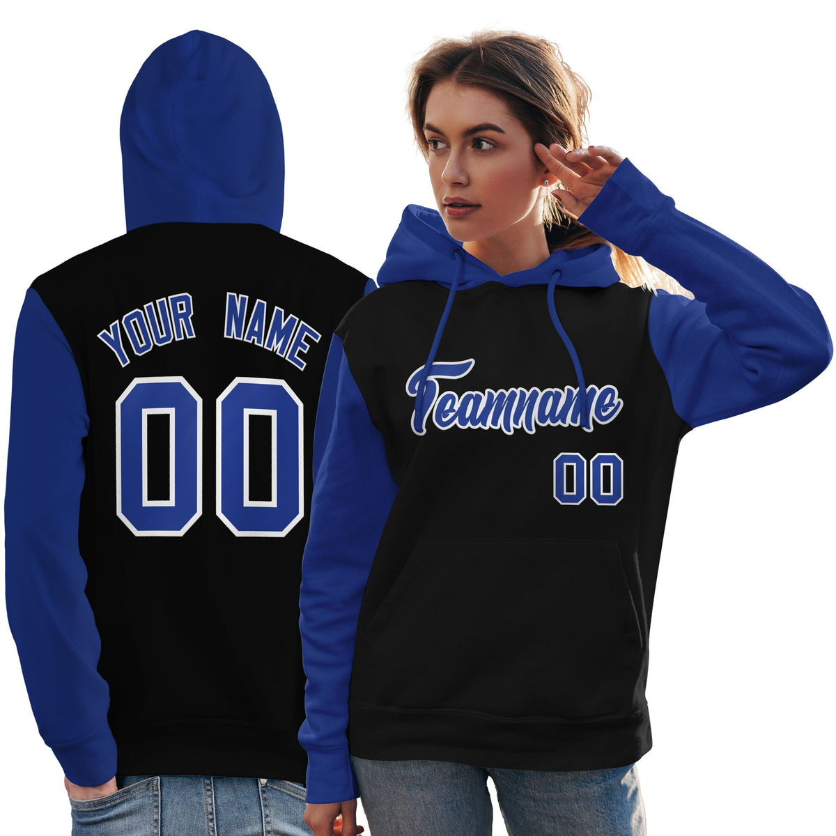 Custom Black Royal-White Raglan Sleeves Pullover Personalized Team Sweatshirt Hoodie| KXKSHOP