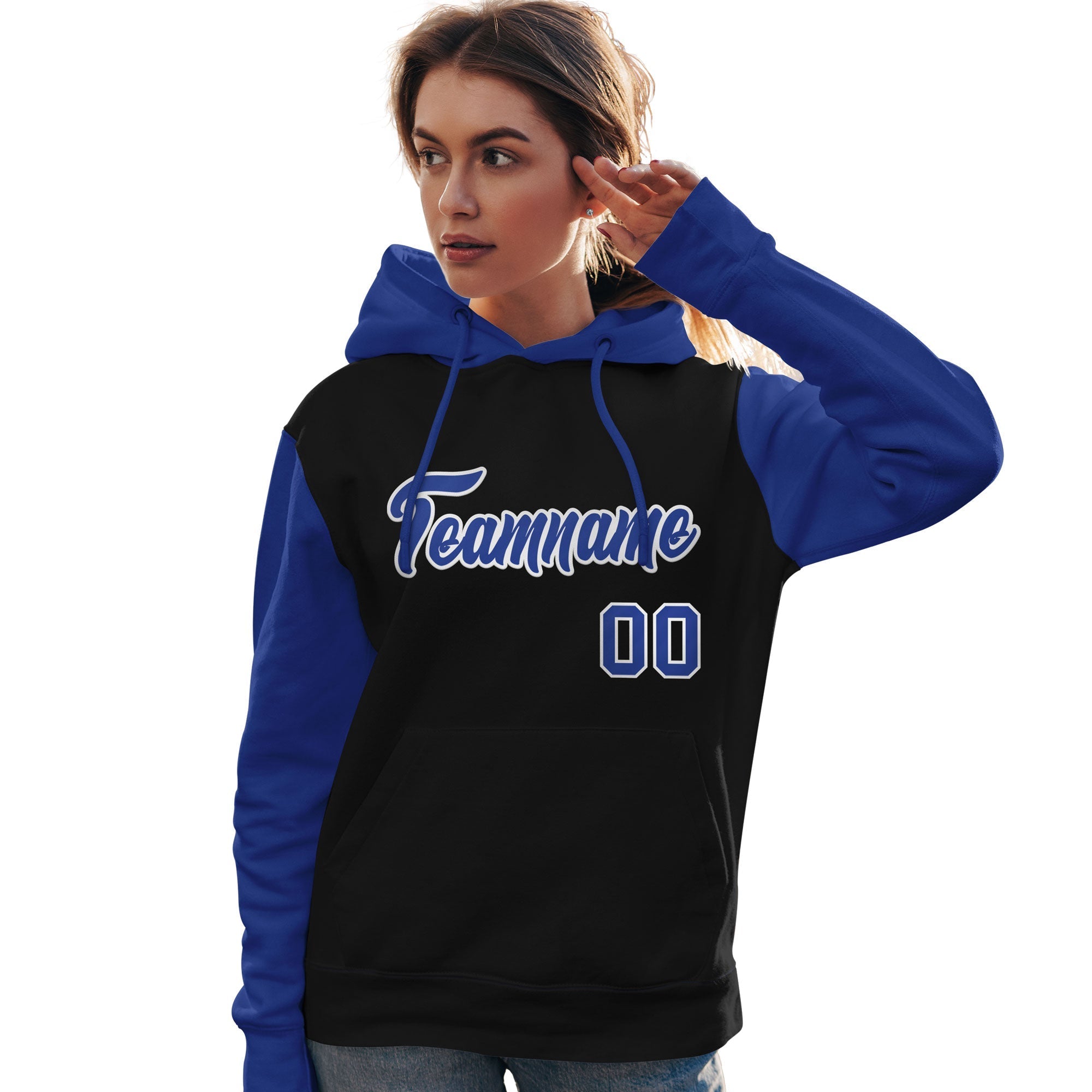 Custom Black Royal-White Raglan Sleeves Pullover Personalized Team Sweatshirt Hoodie| KXKSHOP