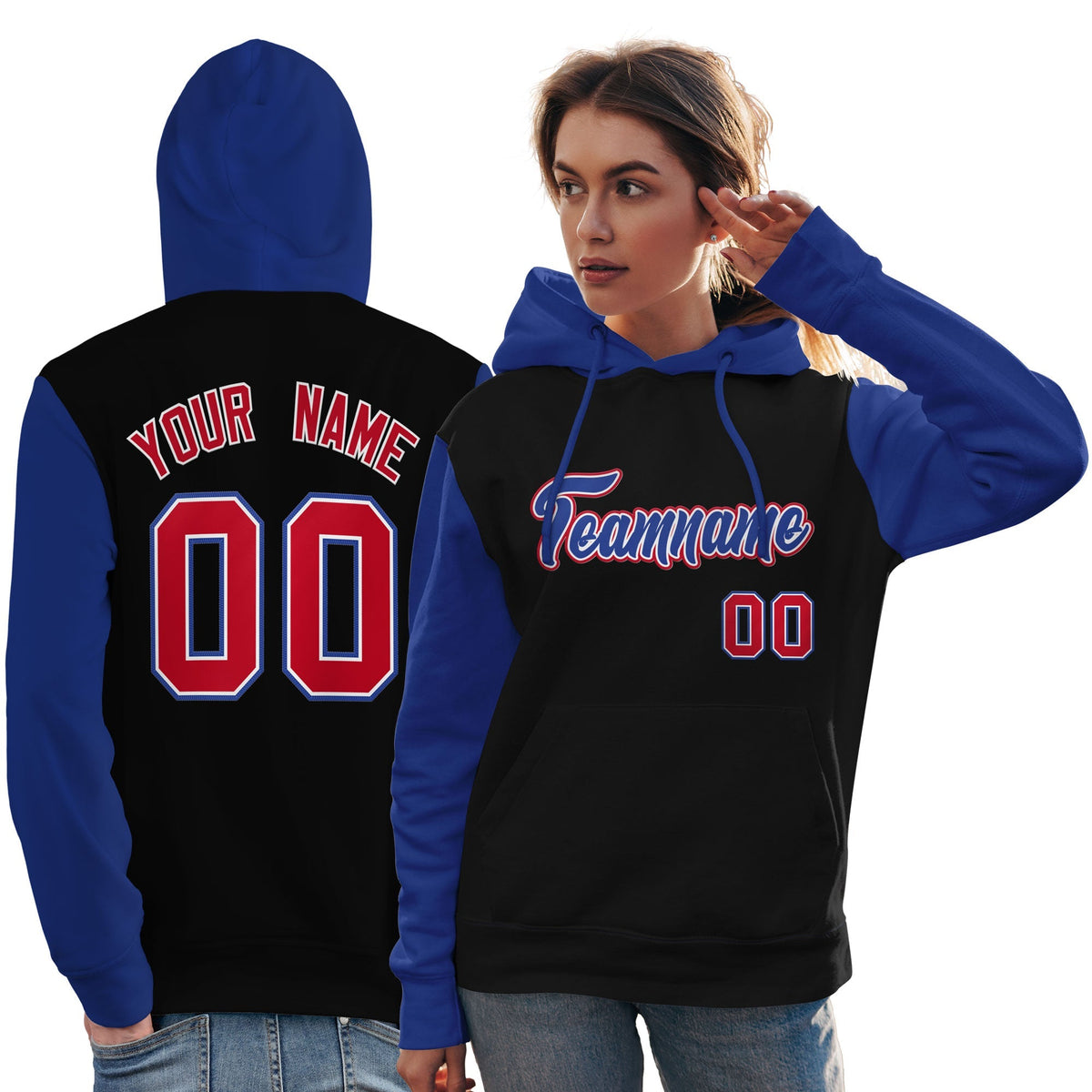 Custom Black Royal-Red Raglan Sleeves Pullover Personalized Team Sweatshirt Hoodie| KXKSHOP