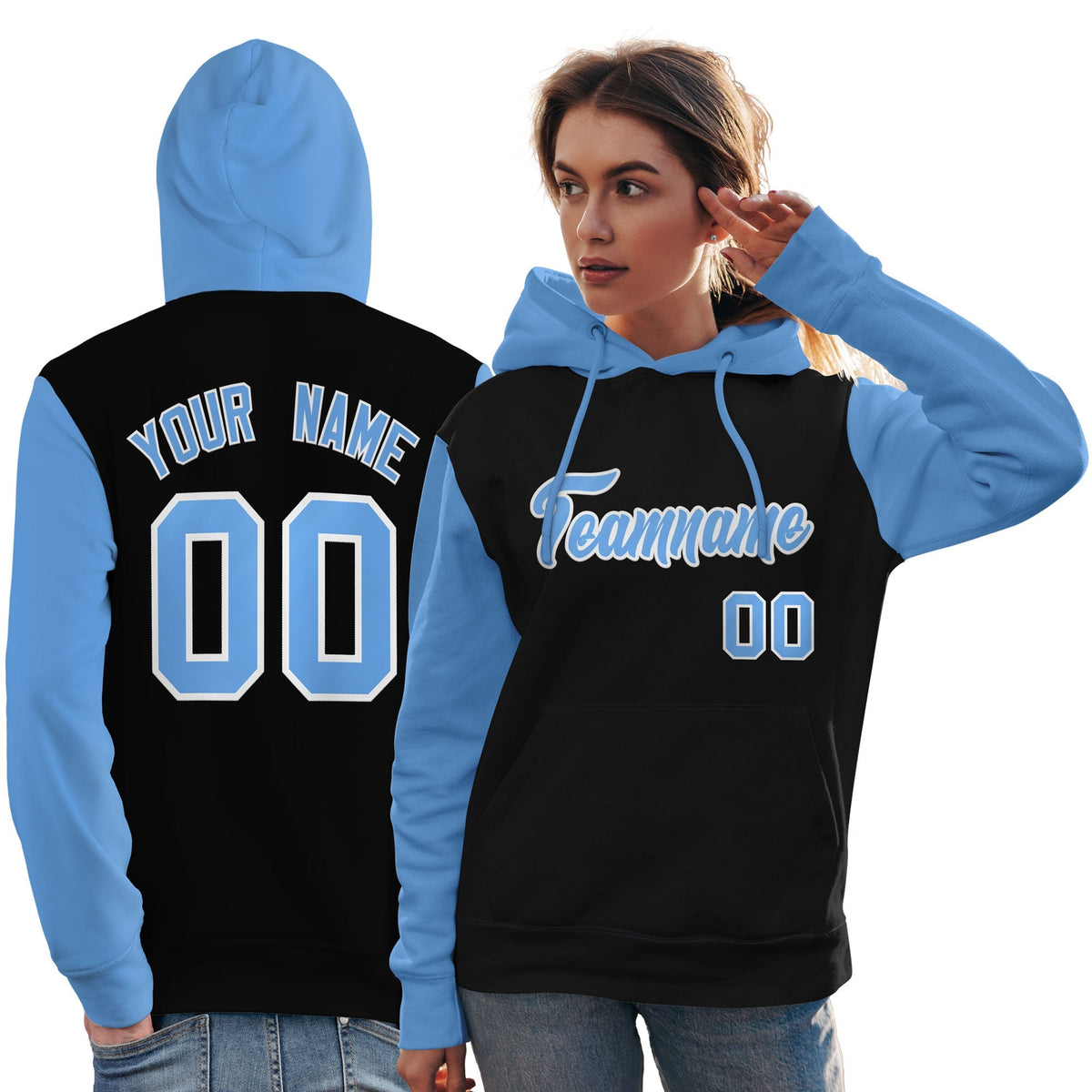 Custom Black Light Blue-White Raglan Sleeves Pullover Personalized Team Sweatshirt Hoodie| KXKSHOP