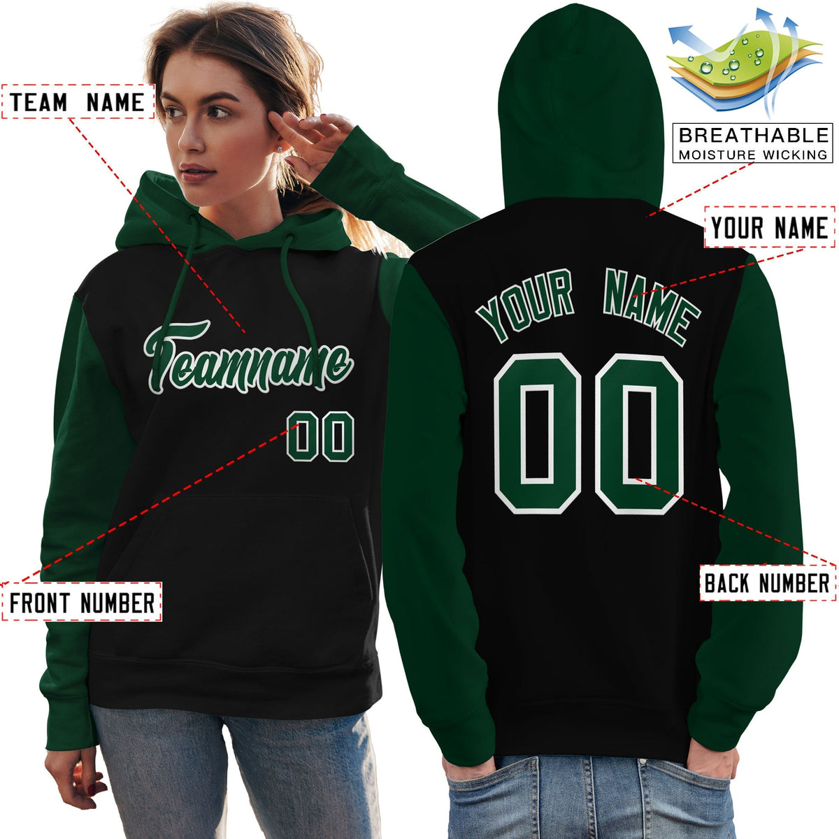 Custom Black Green-White Raglan Sleeves Pullover Personalized Team Sweatshirt Hoodie| KXKSHOP