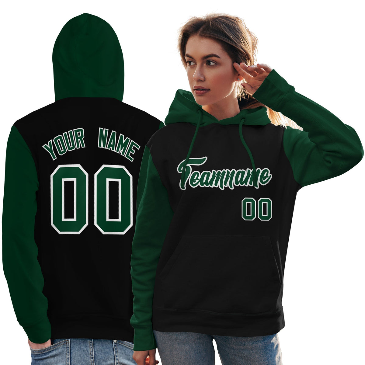 Custom Black Green-White Raglan Sleeves Pullover Personalized Team Sweatshirt Hoodie| KXKSHOP