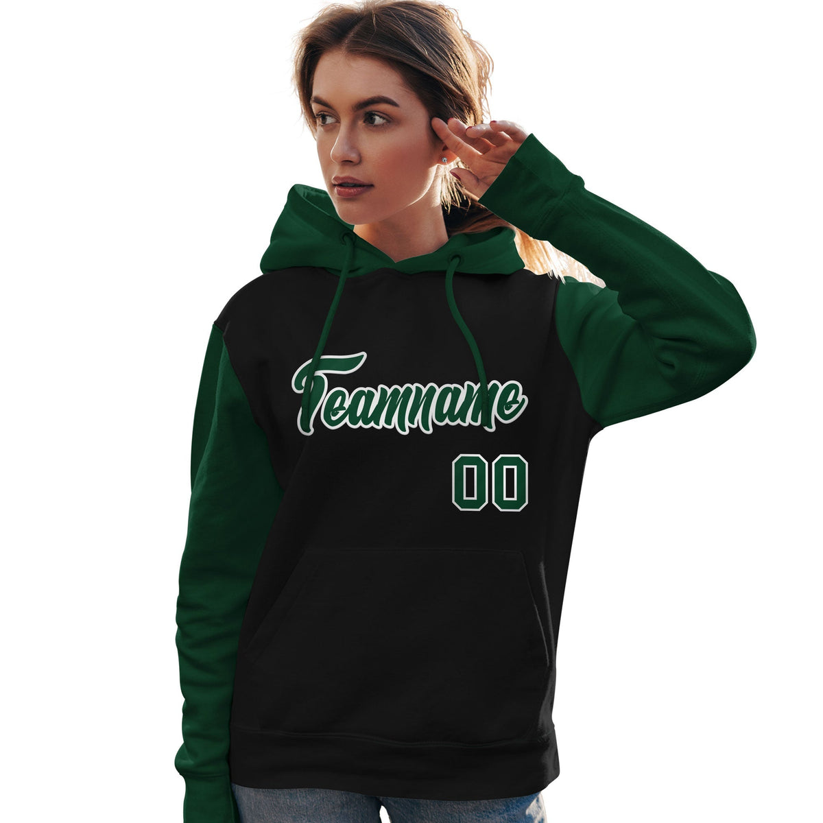 Custom Black Green-White Raglan Sleeves Pullover Personalized Team Sweatshirt Hoodie| KXKSHOP